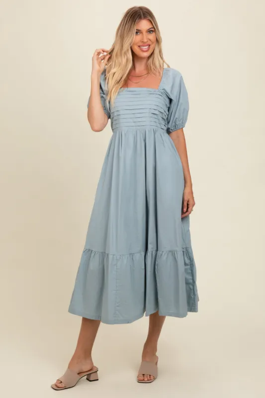 Light Blue Pleated Bodice Puff Sleeve Midi Dress sold by Pinkblush