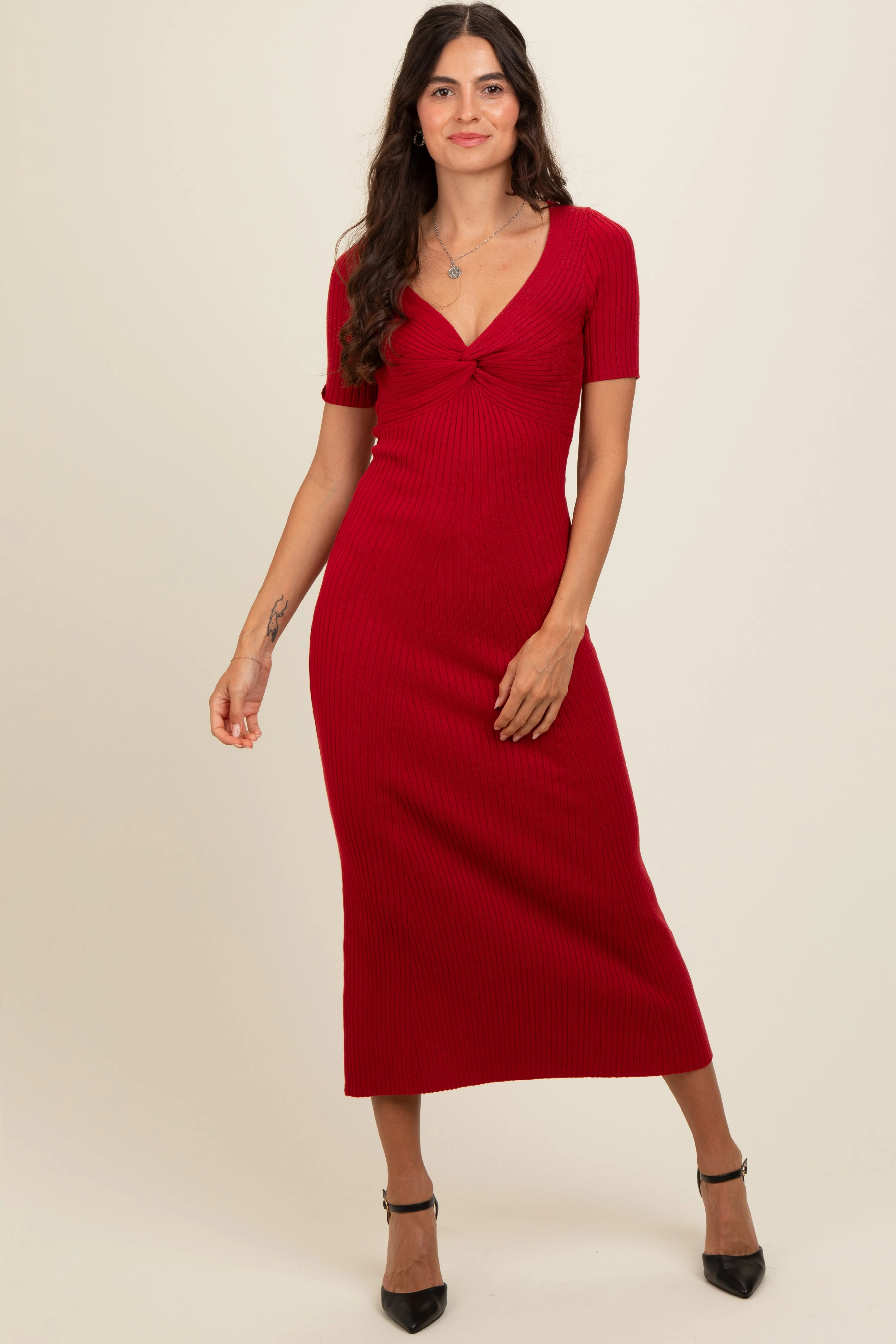 Red Knit Twisted V-Neck Maxi Dress sold by Pinkblush product image thumbnail 4