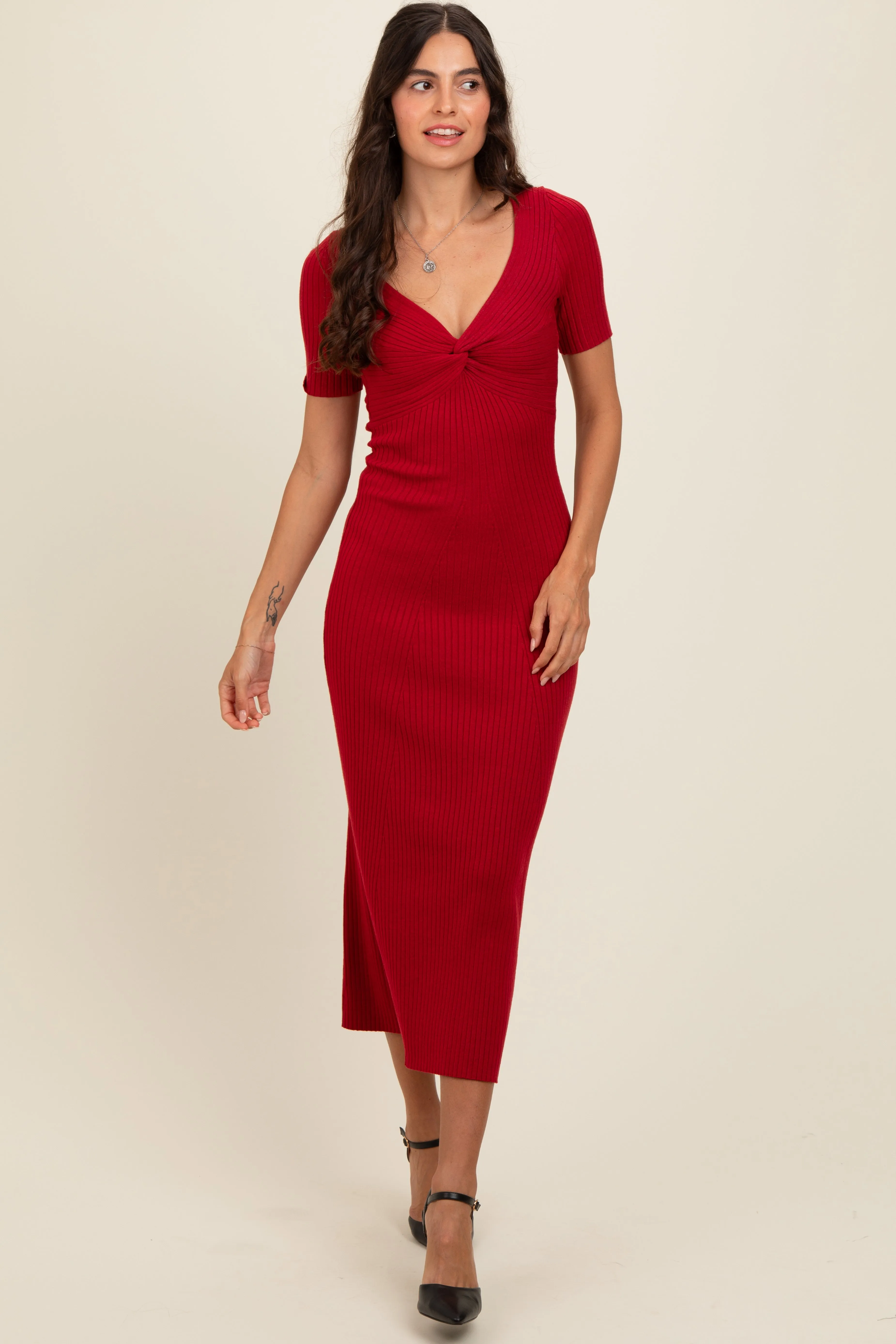 Red Knit Twisted V-Neck Maxi Dress sold by Pinkblush product image thumbnail 5