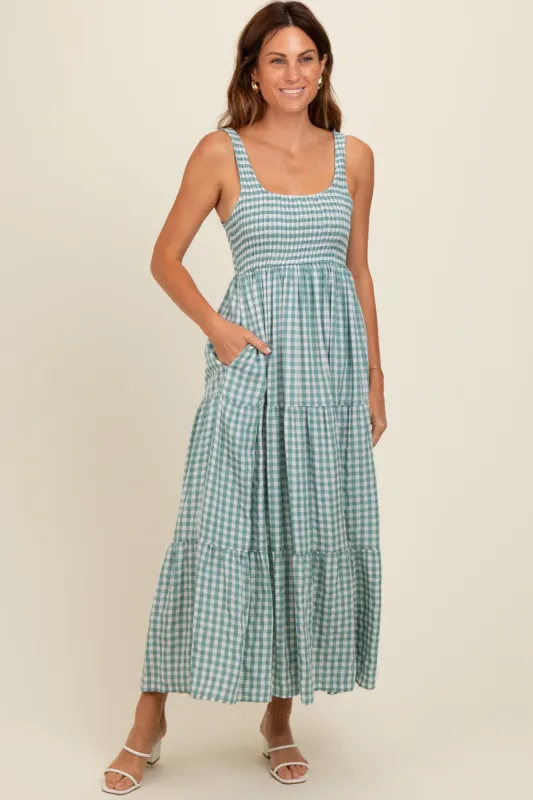 Light Blue Plaid Tiered Maxi Dress sold by Pinkblush