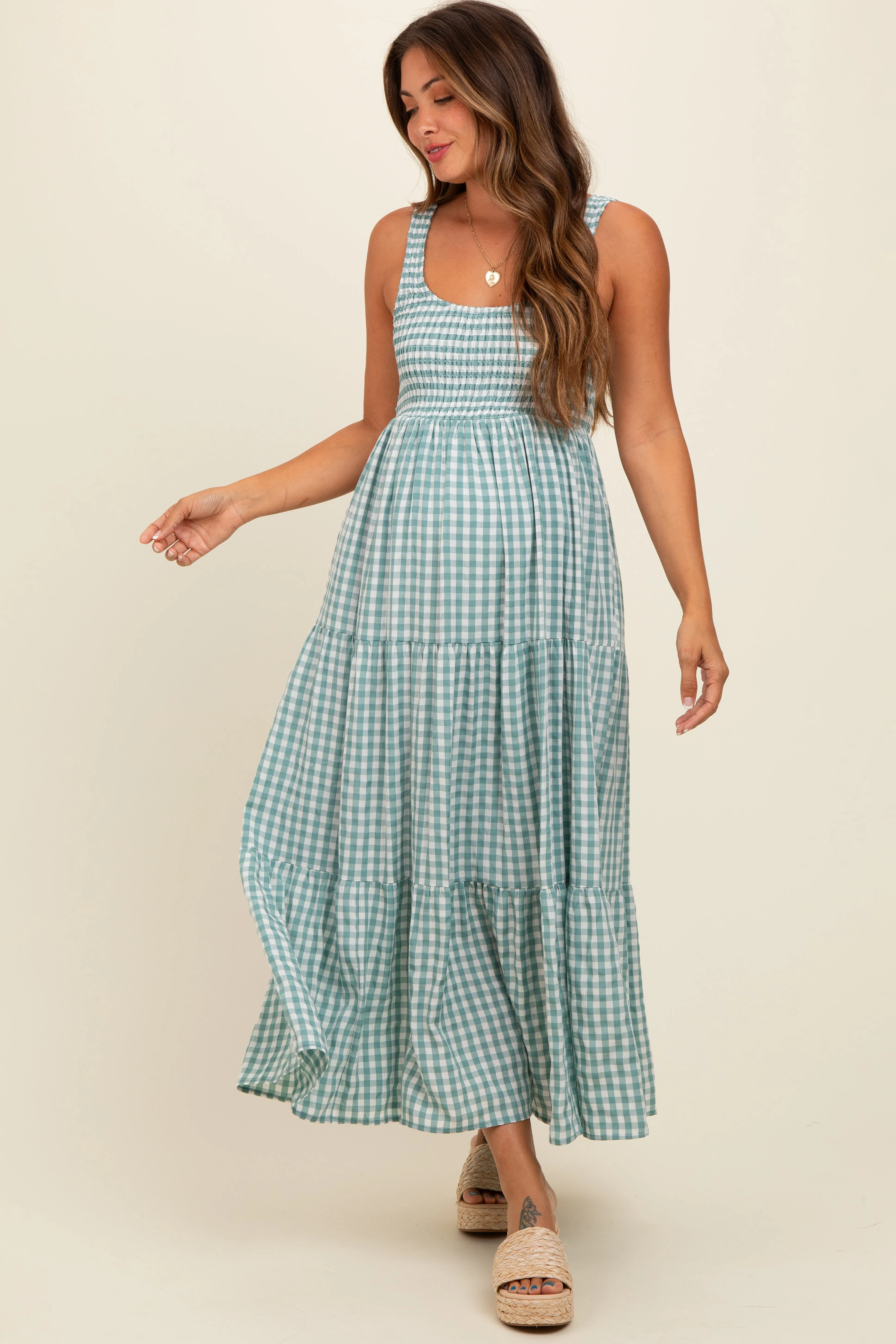 Light Blue Plaid Tiered Maternity Maxi Dress sold by Pinkblush