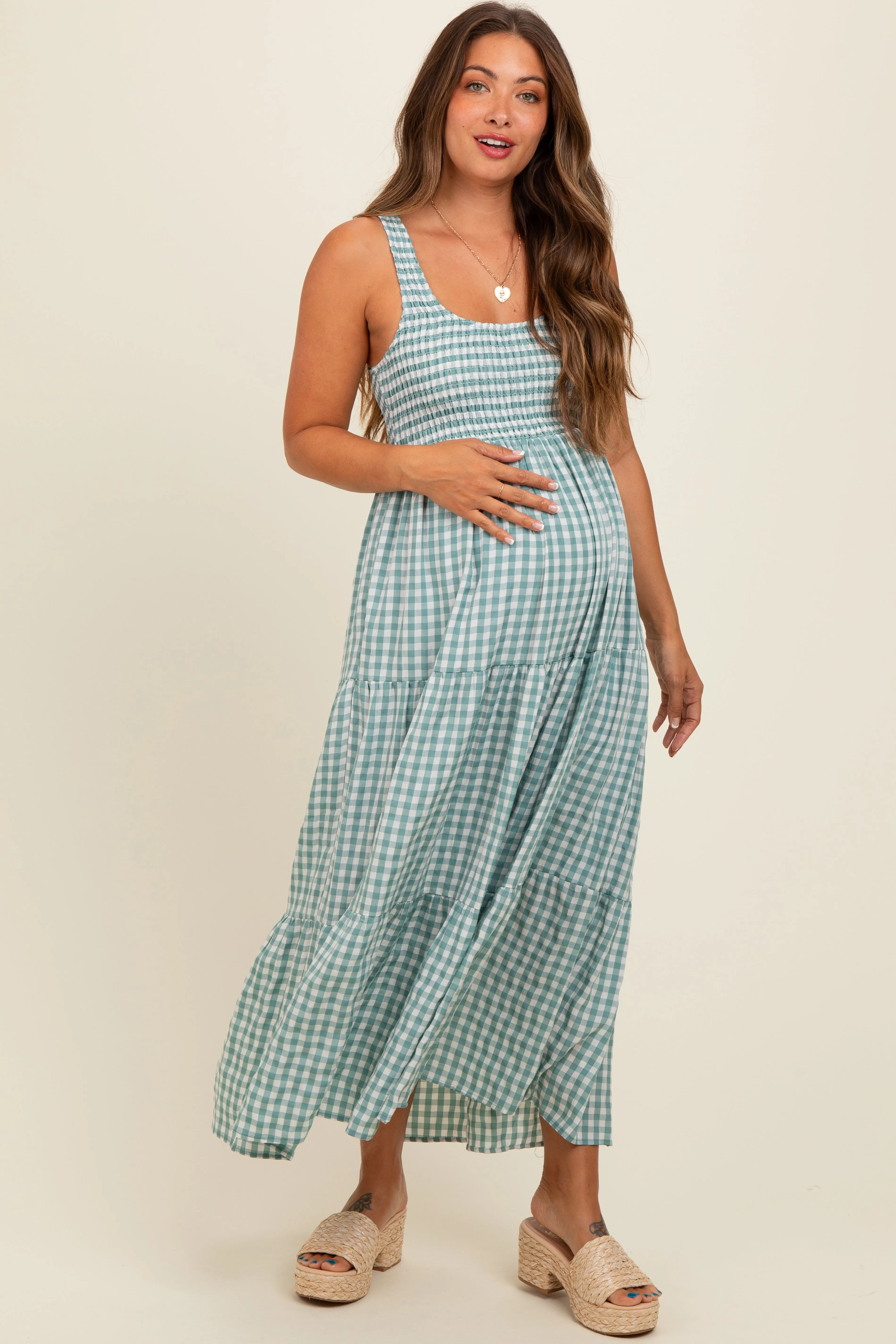 Light Blue Plaid Tiered Maternity Maxi Dress sold by Pinkblush product image thumbnail 2