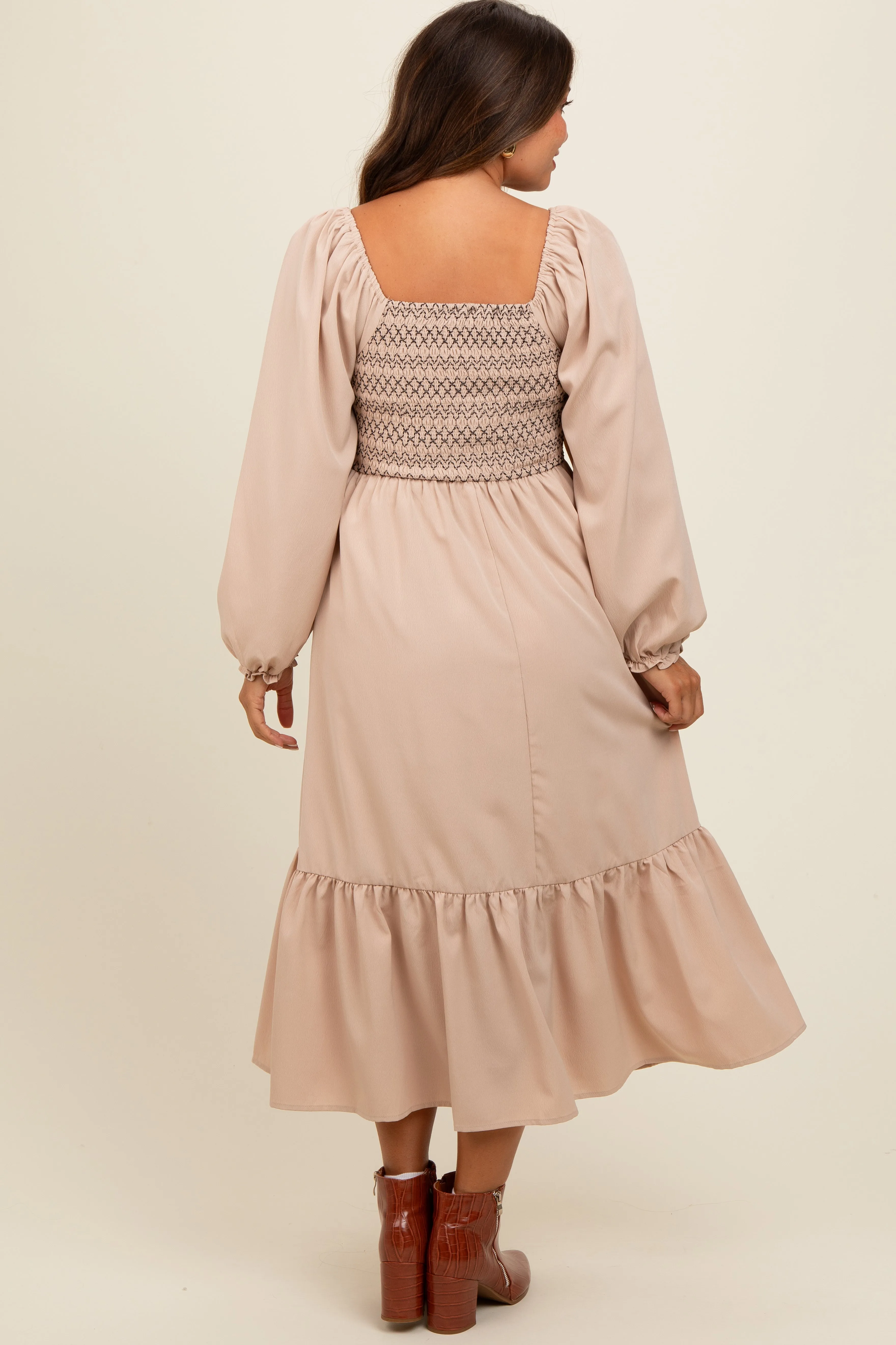 Beige Contrast Smocked Balloon Sleeve Maternity Midi Dress sold by Pinkblush product image thumbnail 2