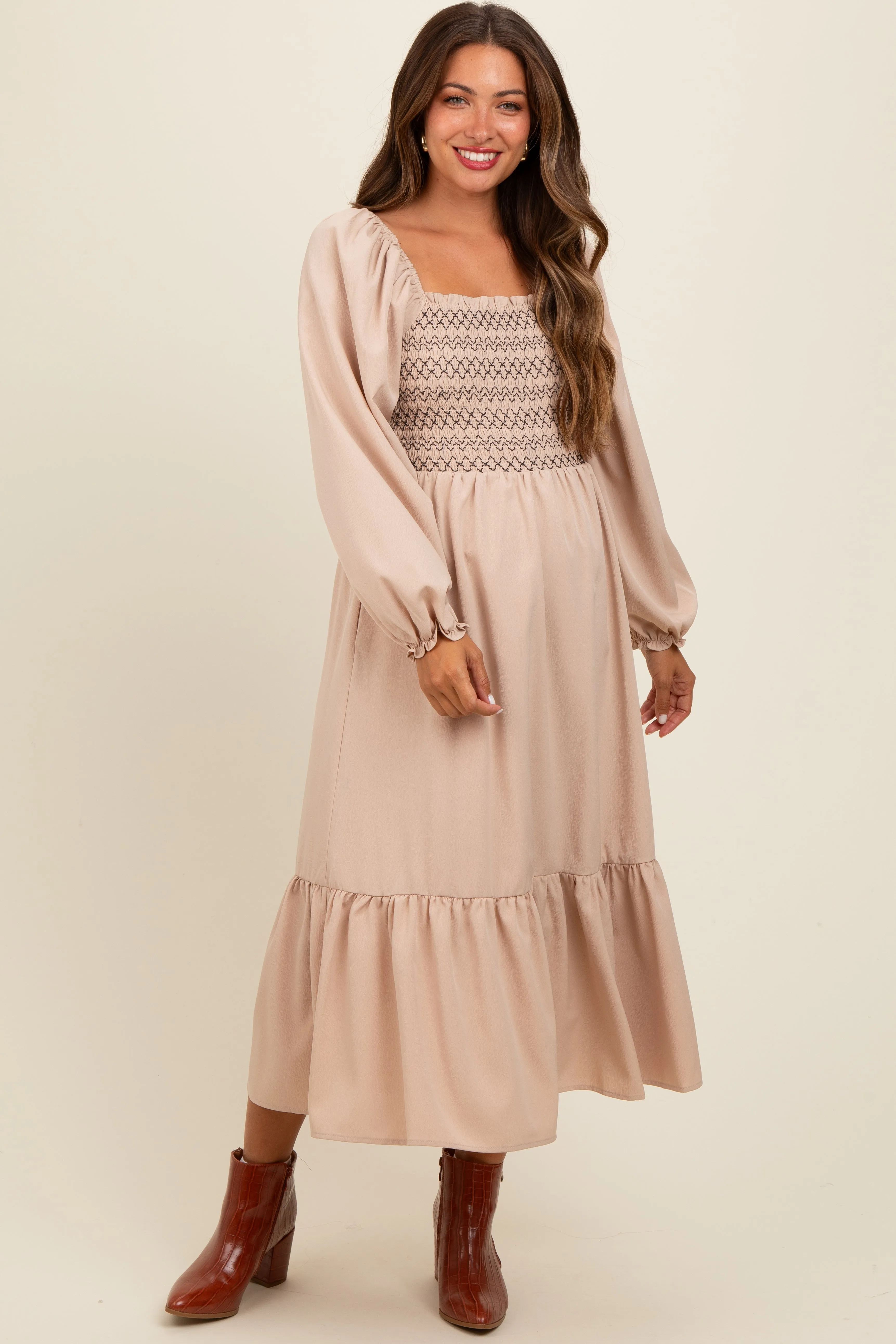 Beige Contrast Smocked Balloon Sleeve Maternity Midi Dress sold by Pinkblush