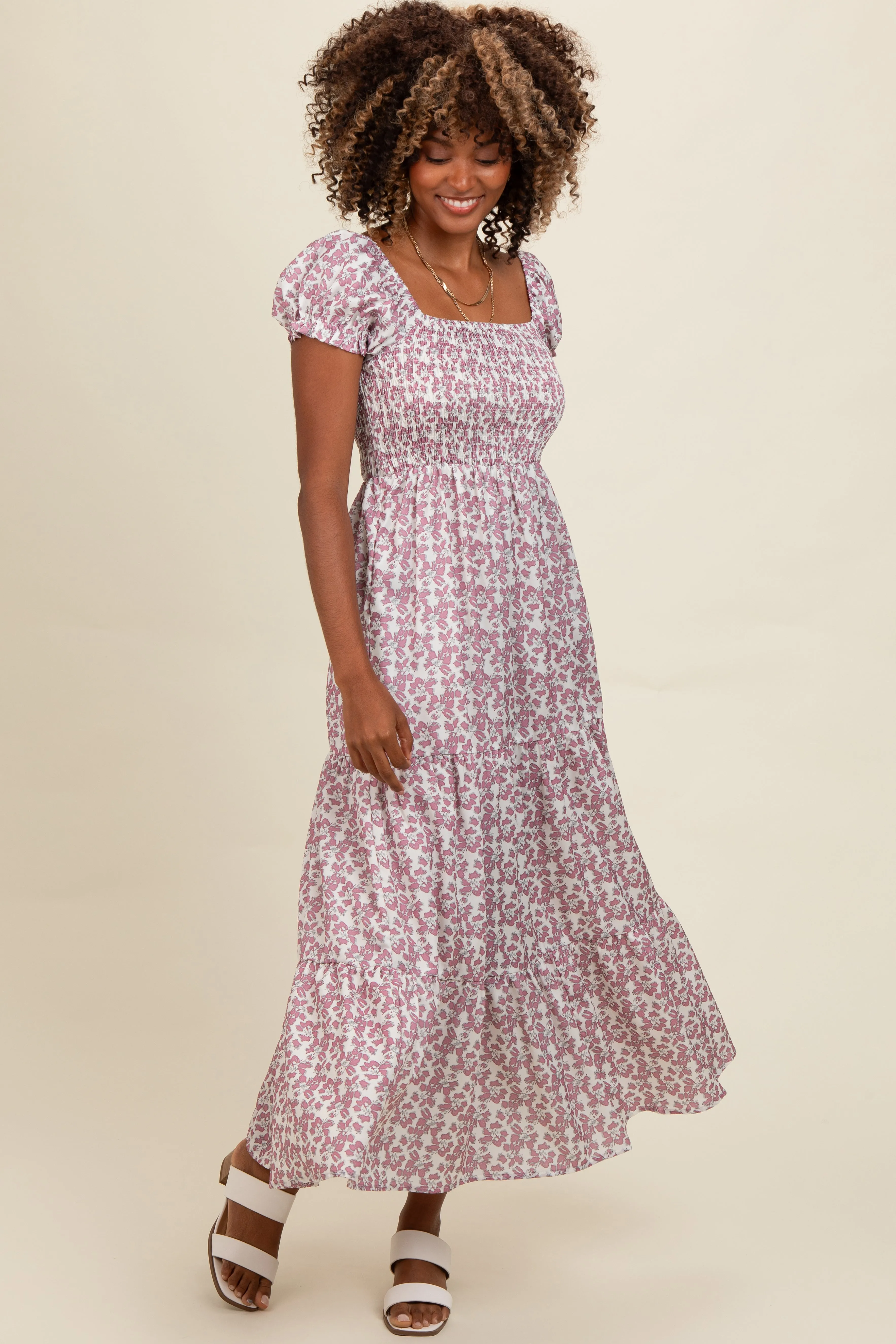 Mauve Floral Puff Sleeve Smocked Maternity Maxi Dress sold by Pinkblush product image thumbnail 5