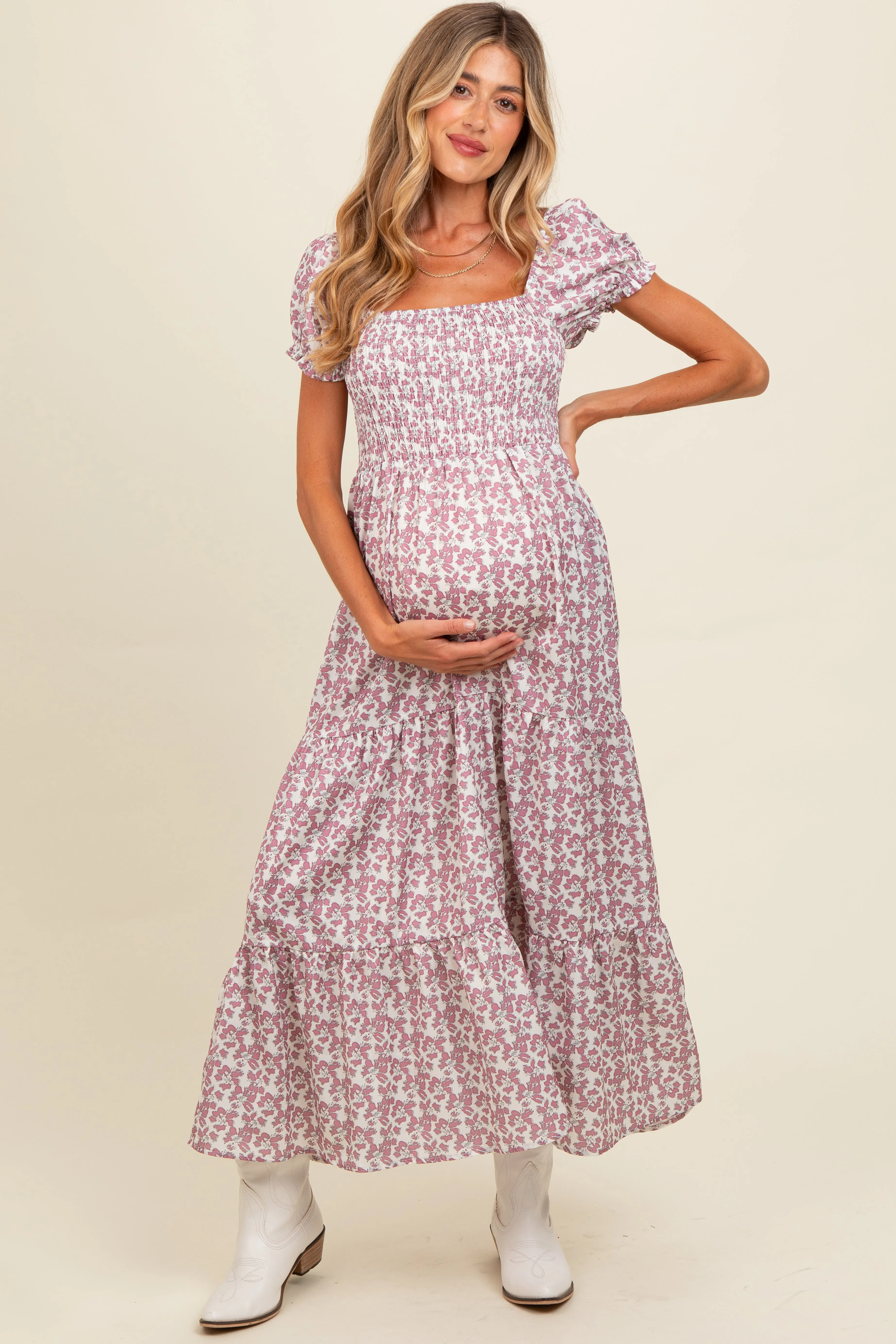 Mauve Floral Puff Sleeve Smocked Maternity Maxi Dress sold by Pinkblush product image thumbnail 2