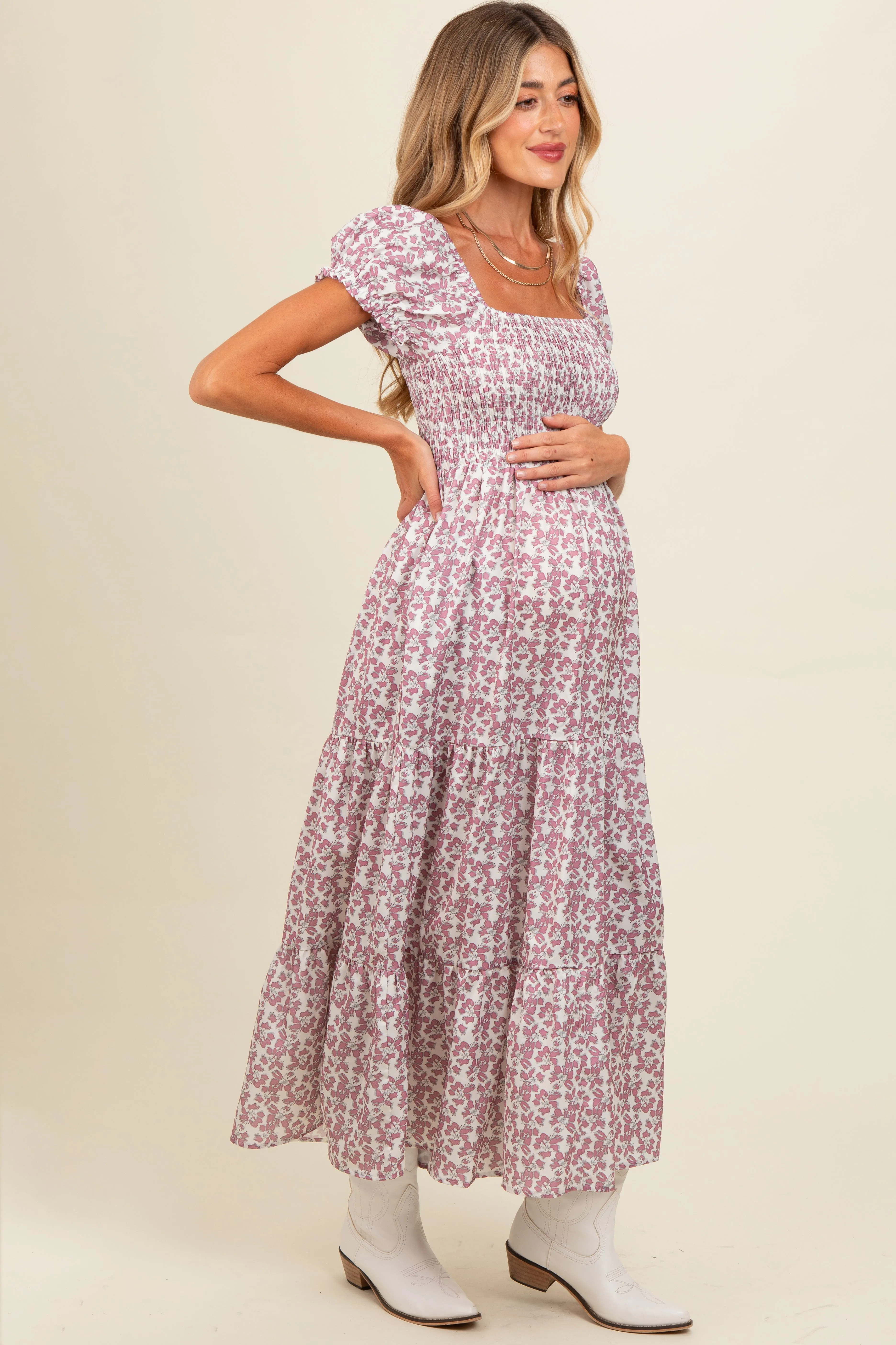 Mauve Floral Puff Sleeve Smocked Maternity Maxi Dress sold by Pinkblush product image thumbnail 3