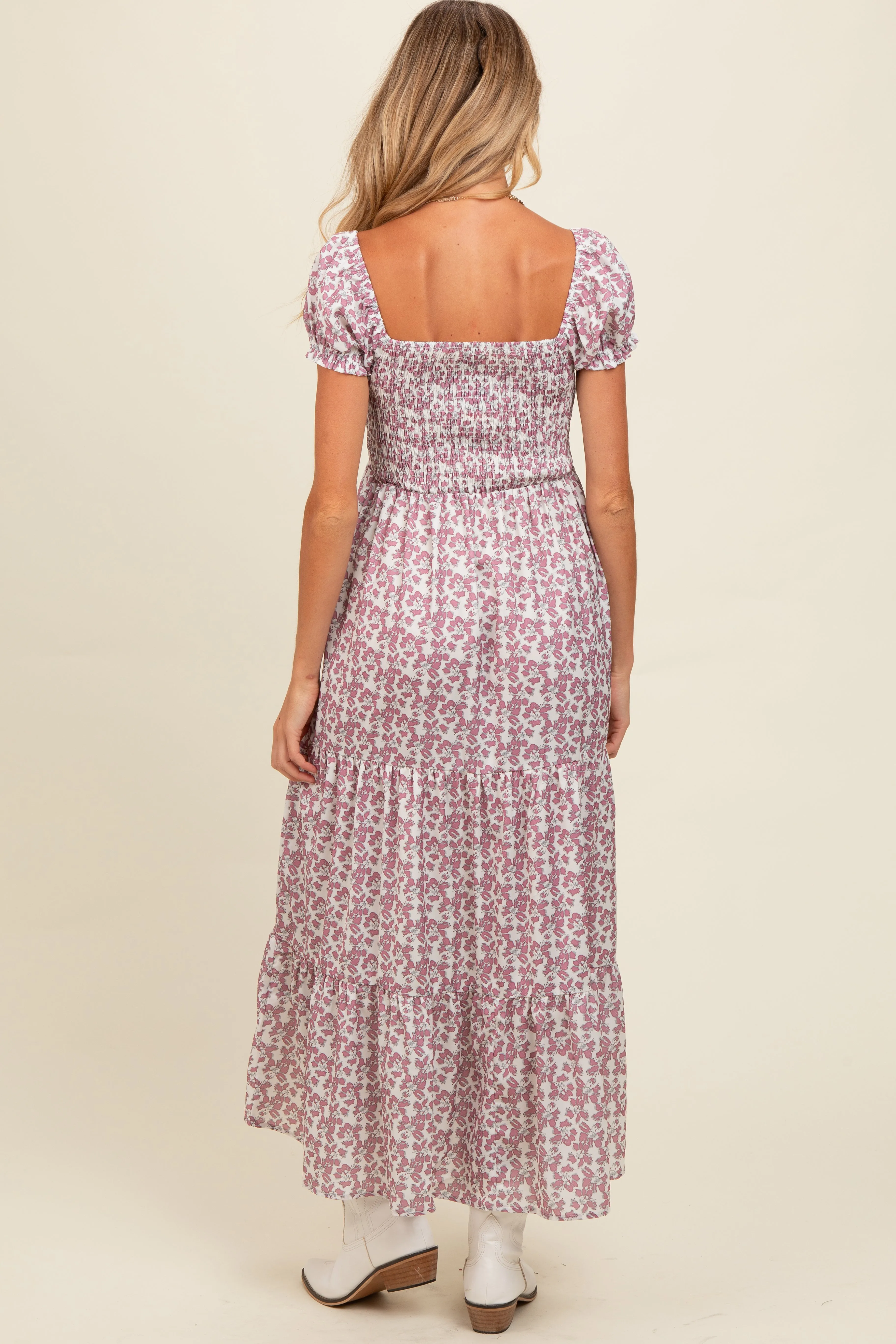 Mauve Floral Puff Sleeve Smocked Maternity Maxi Dress sold by Pinkblush product image thumbnail 4