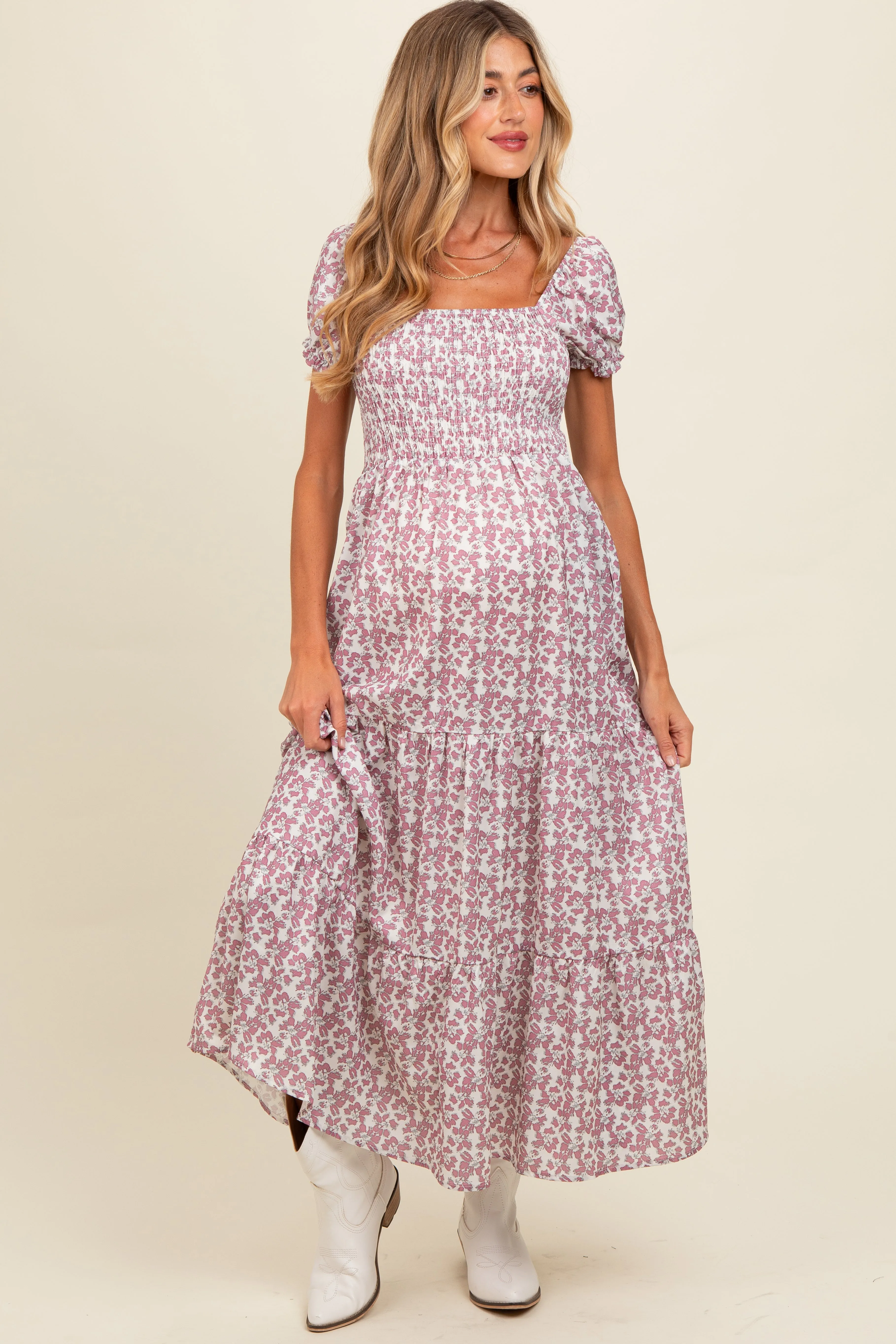 Mauve Floral Puff Sleeve Smocked Maternity Maxi Dress sold by Pinkblush