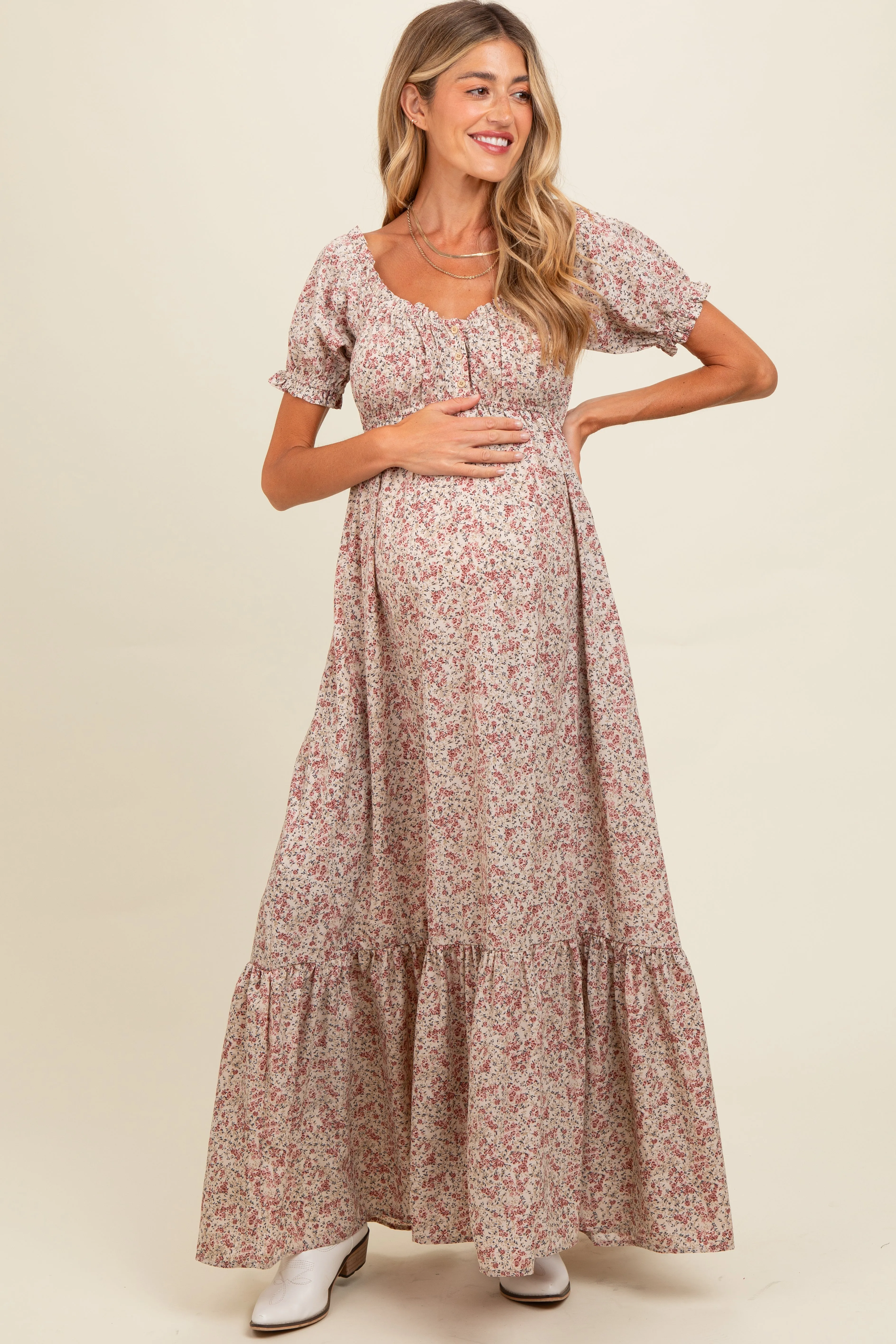 Cream Floral Button Accent Maternity Maxi Dress sold by Pinkblush product image thumbnail 2