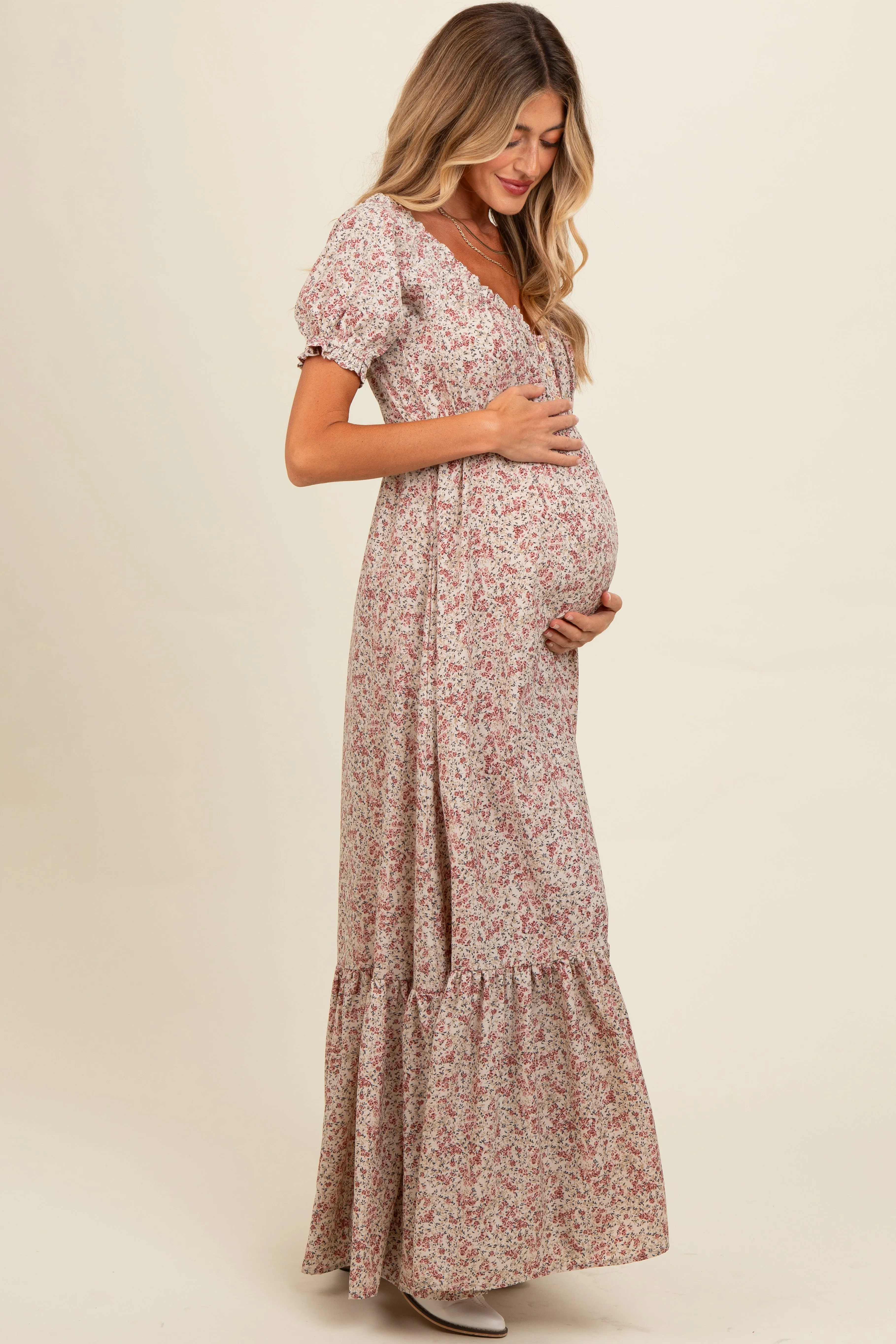 Cream Floral Button Accent Maternity Maxi Dress sold by Pinkblush product image thumbnail 3