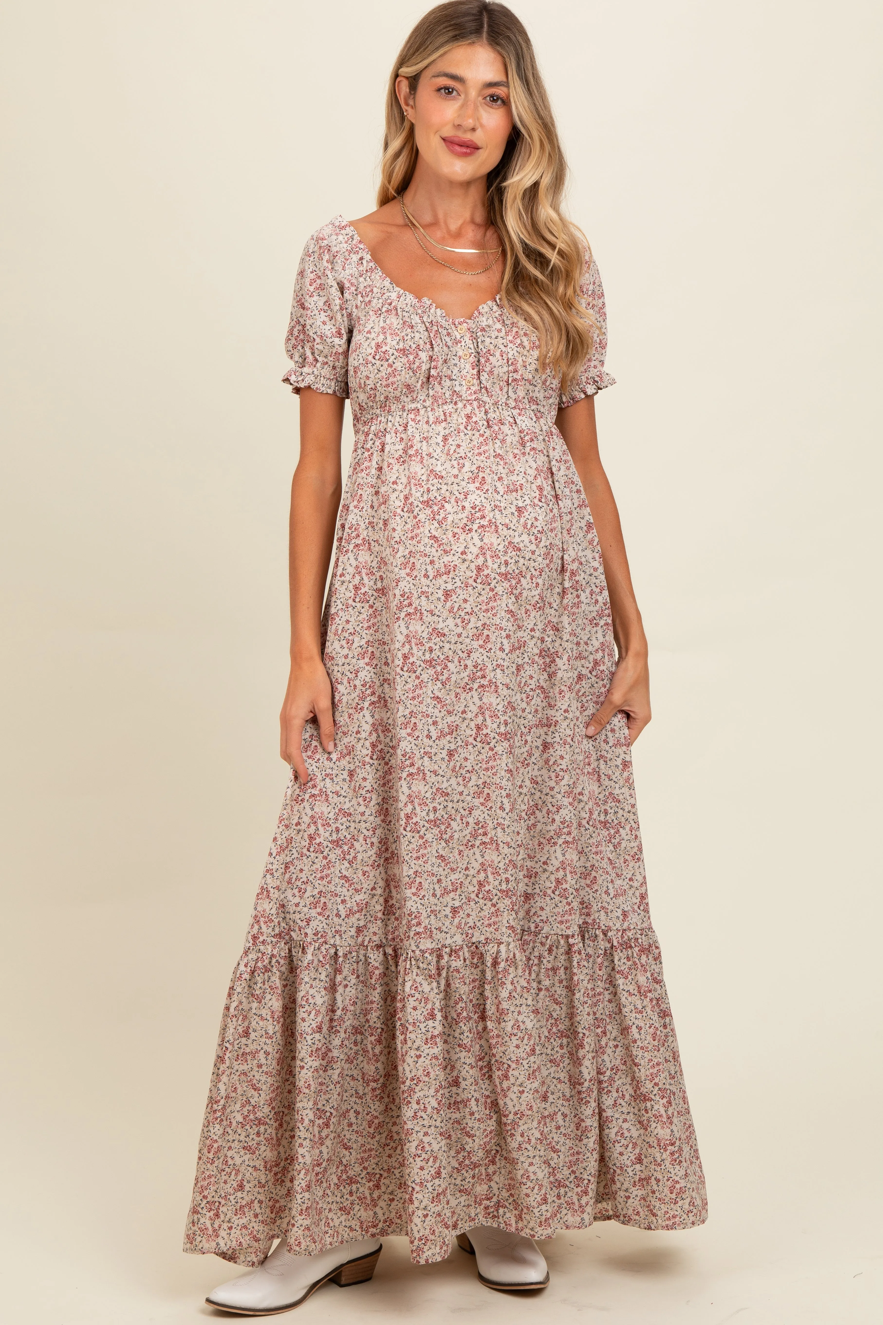 Cream Floral Button Accent Maternity Maxi Dress sold by Pinkblush
