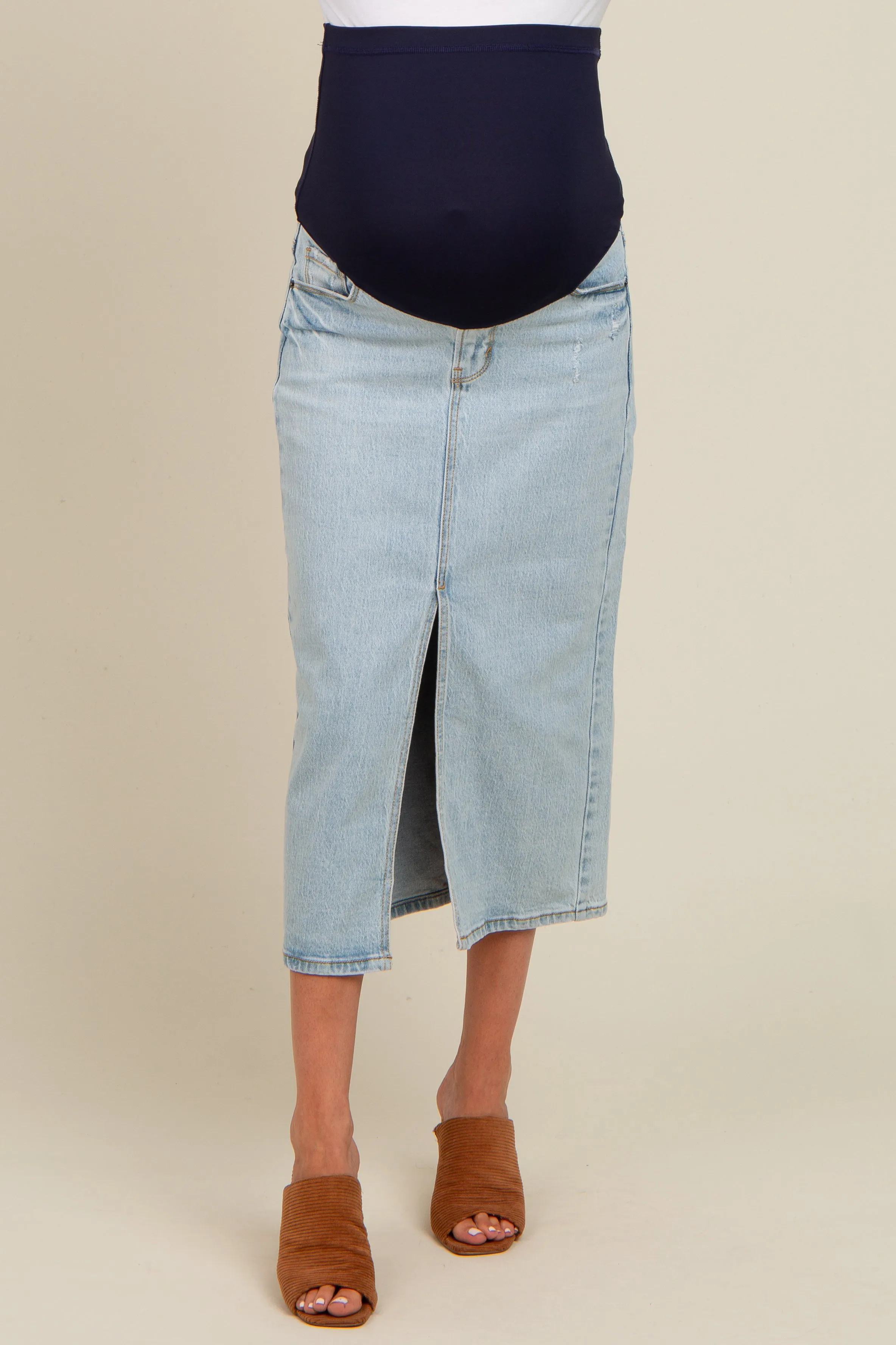 Light Blue Distressed Front Slit Maternity Midi Skirt sold by Pinkblush product image thumbnail 4