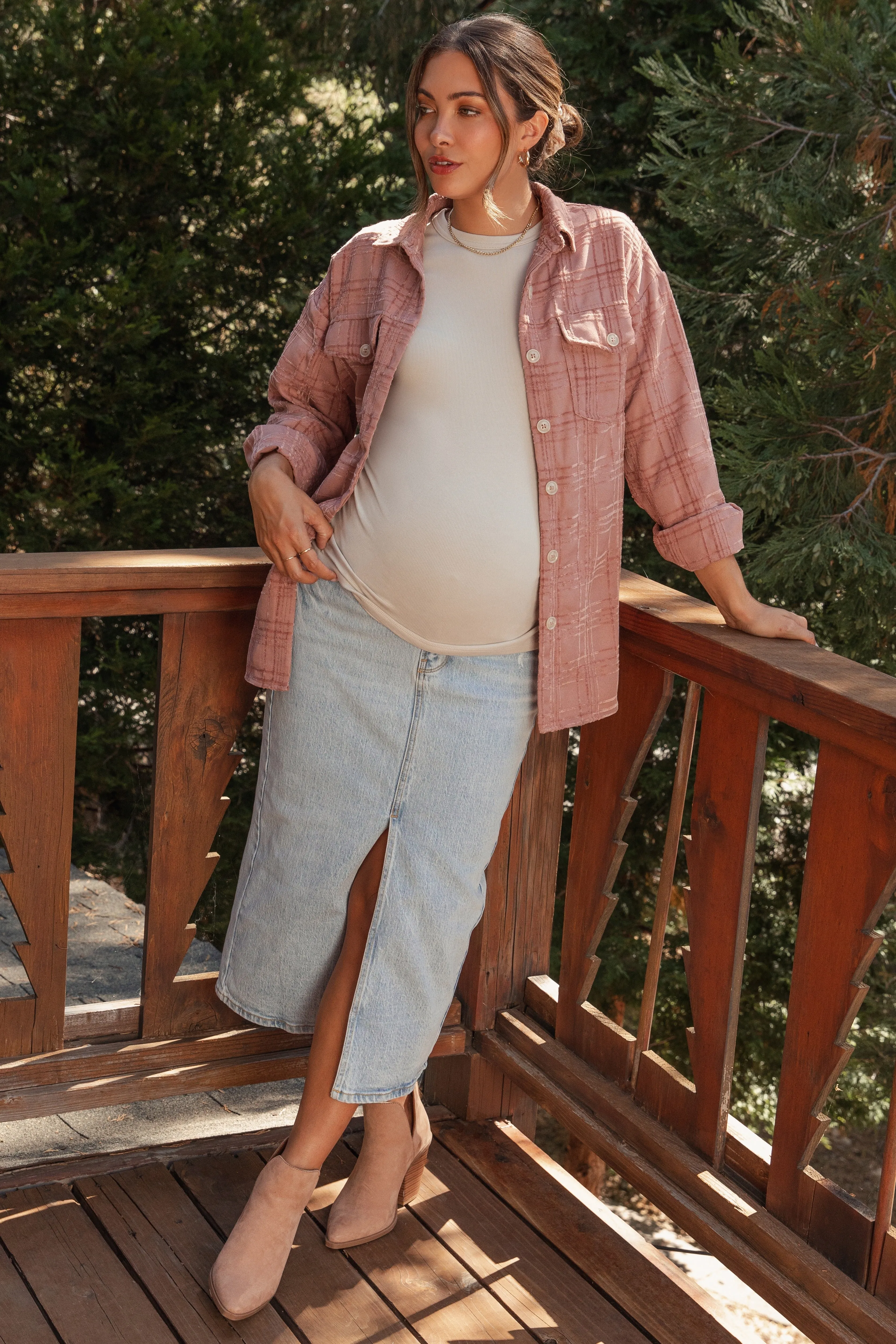 Light Blue Distressed Front Slit Maternity Midi Skirt sold by Pinkblush