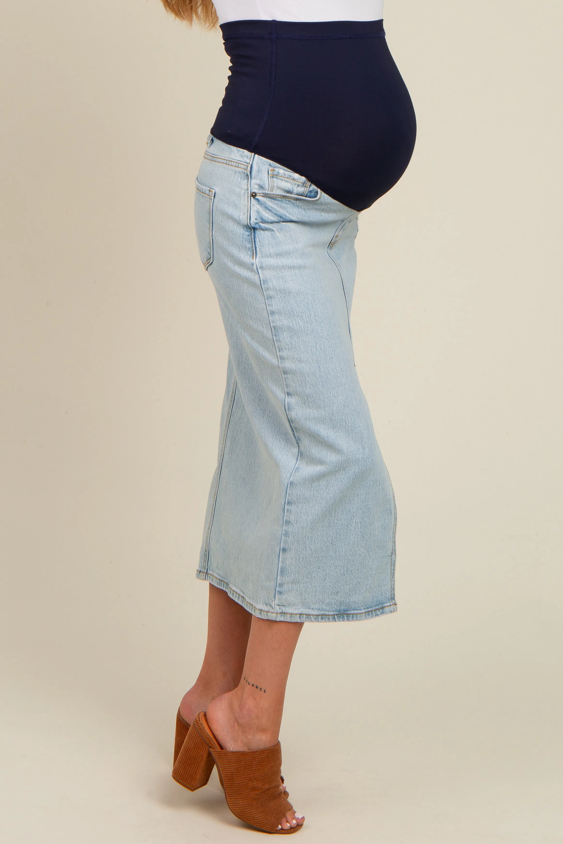 Light Blue Distressed Front Slit Maternity Midi Skirt sold by Pinkblush product image thumbnail 5