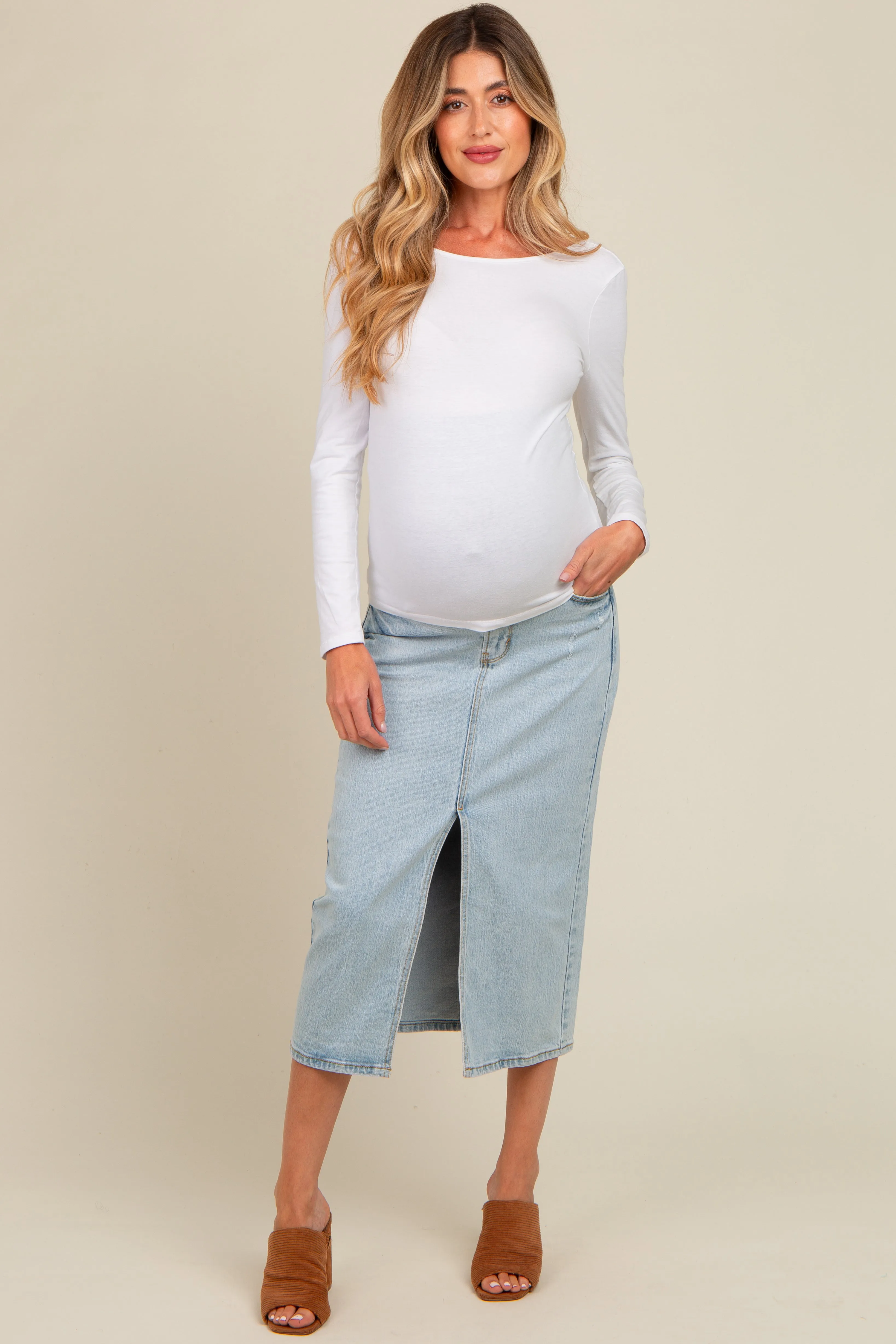 Light Blue Distressed Front Slit Maternity Midi Skirt sold by Pinkblush product image thumbnail 2