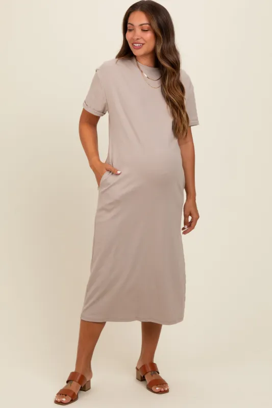 Beige Basic Side Slit Maternity Midi Dress sold by Pinkblush