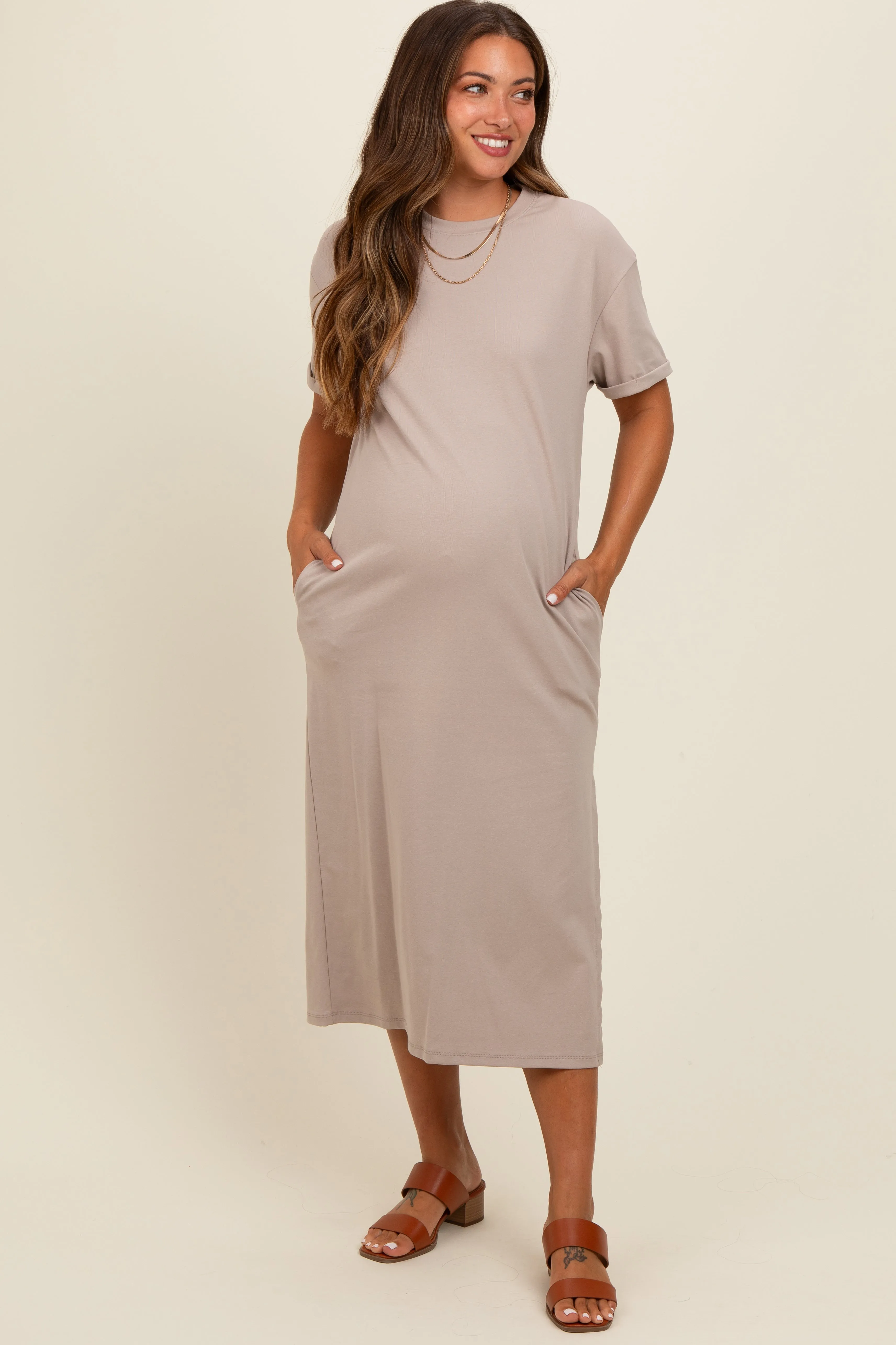 Beige Basic Side Slit Maternity Midi Dress sold by Pinkblush product image thumbnail 2