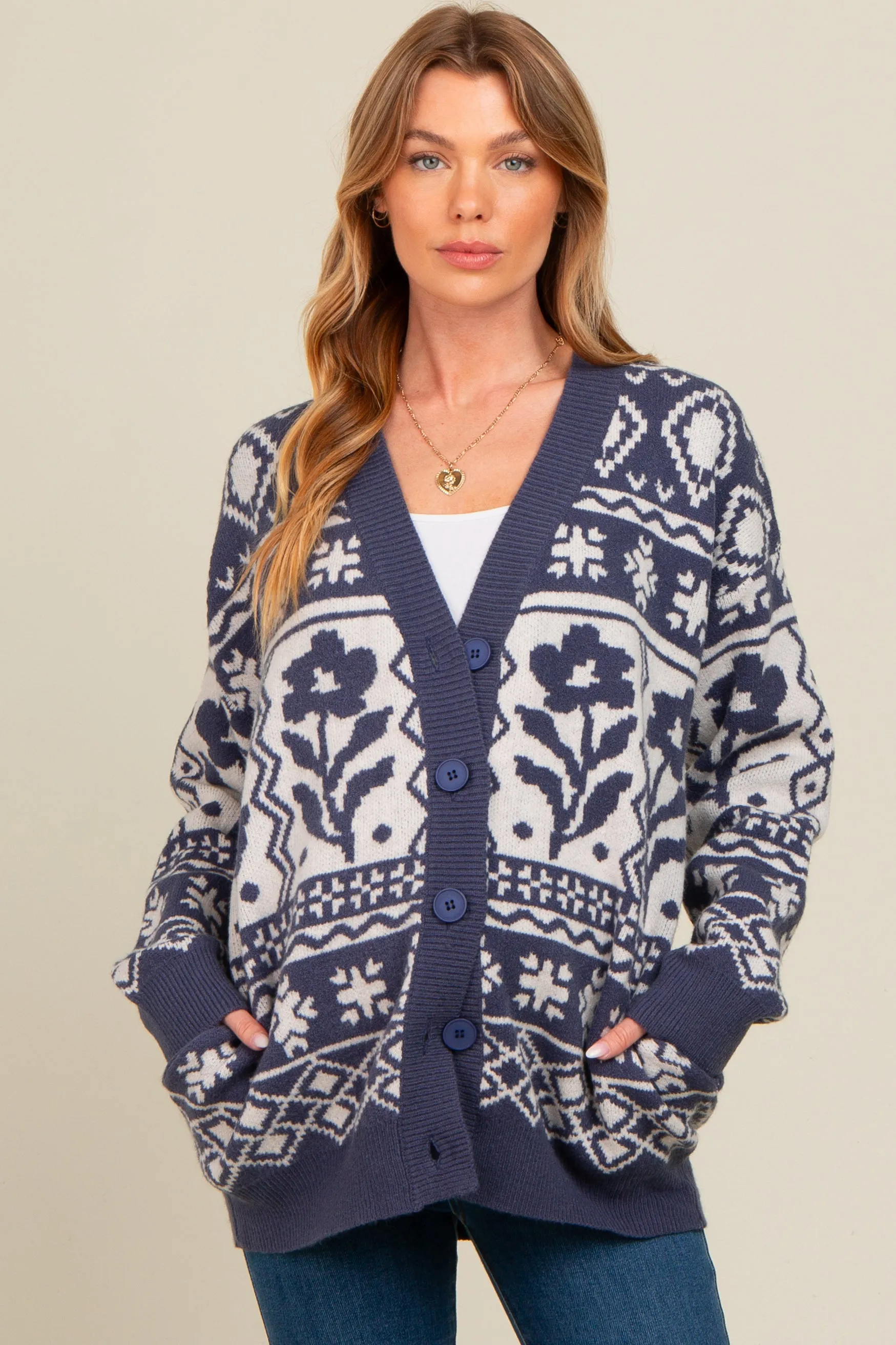 Navy Blue Printed Maternity Button Up Cardigan sold by Pinkblush product image thumbnail 2
