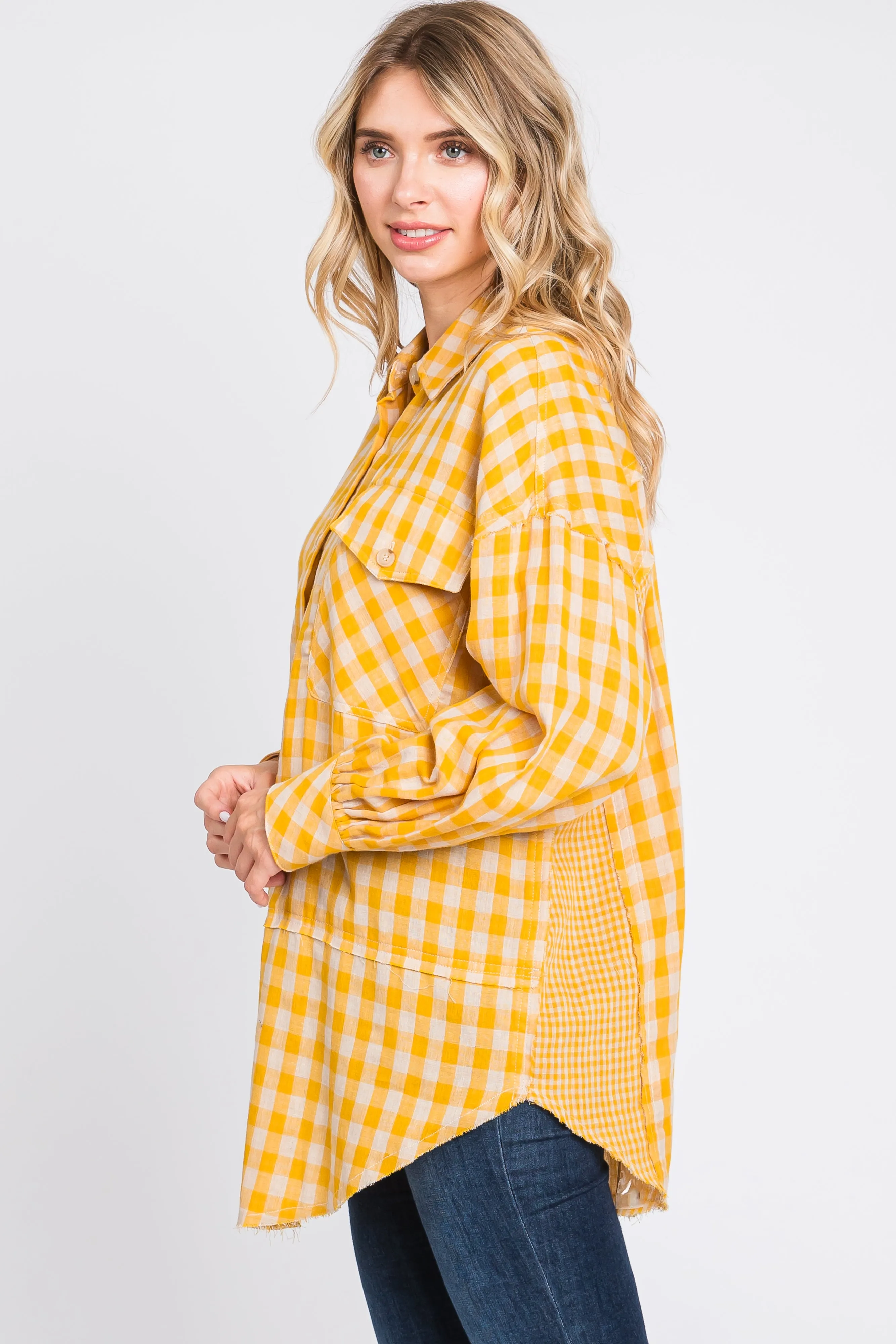 Yellow Mixed Plaid Fringe Button Down Top sold by Pinkblush product image thumbnail 3