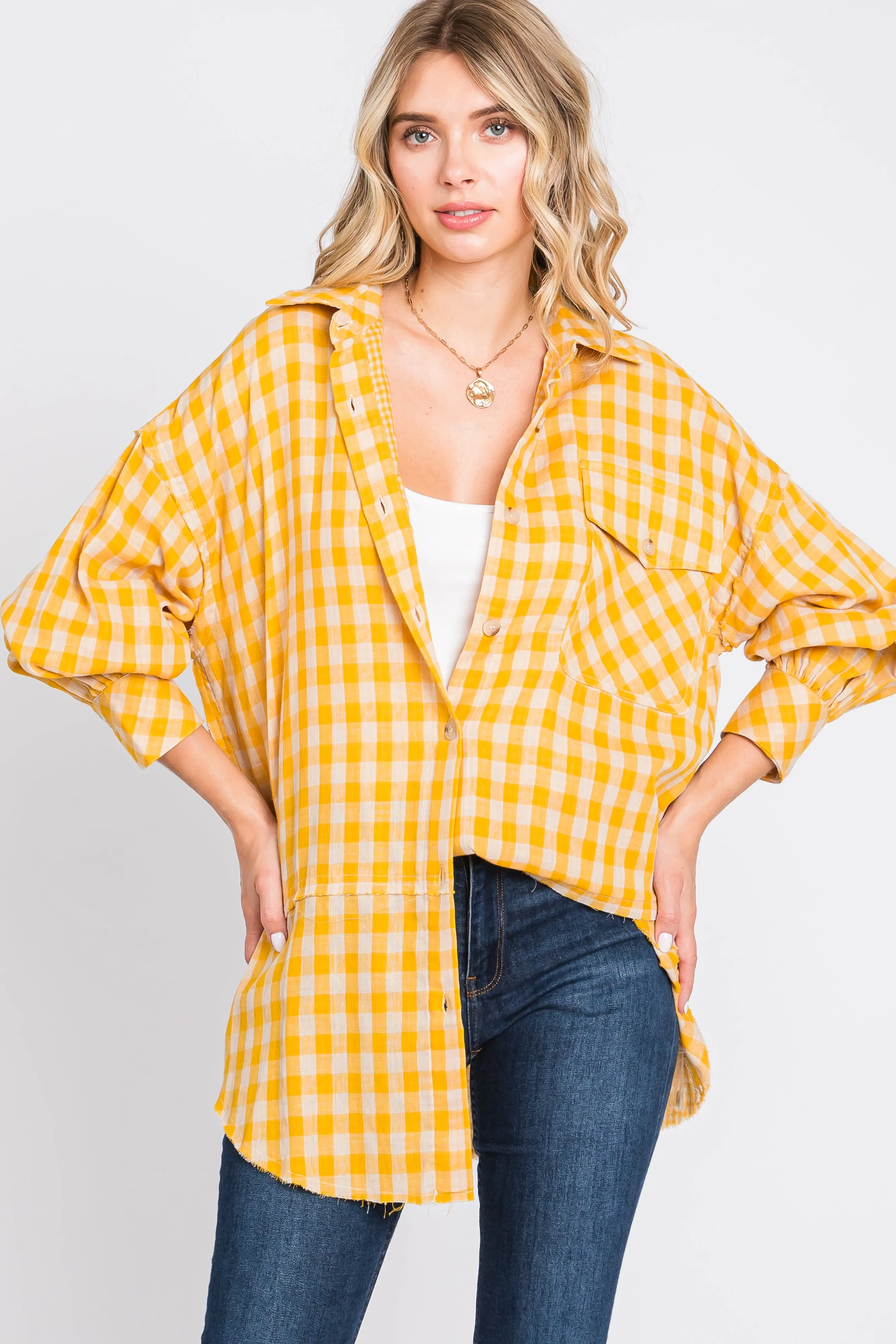 Yellow Mixed Plaid Fringe Button Down Top sold by Pinkblush
