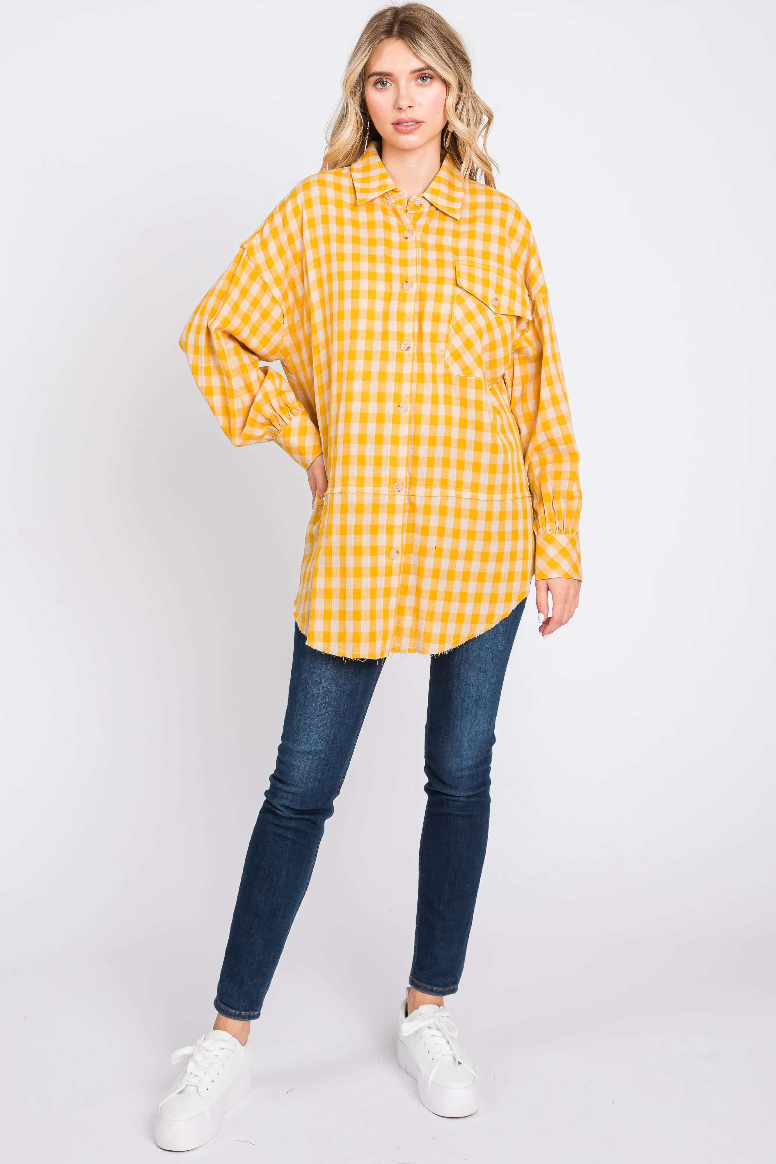 Yellow Mixed Plaid Fringe Button Down Top sold by Pinkblush product image thumbnail 2