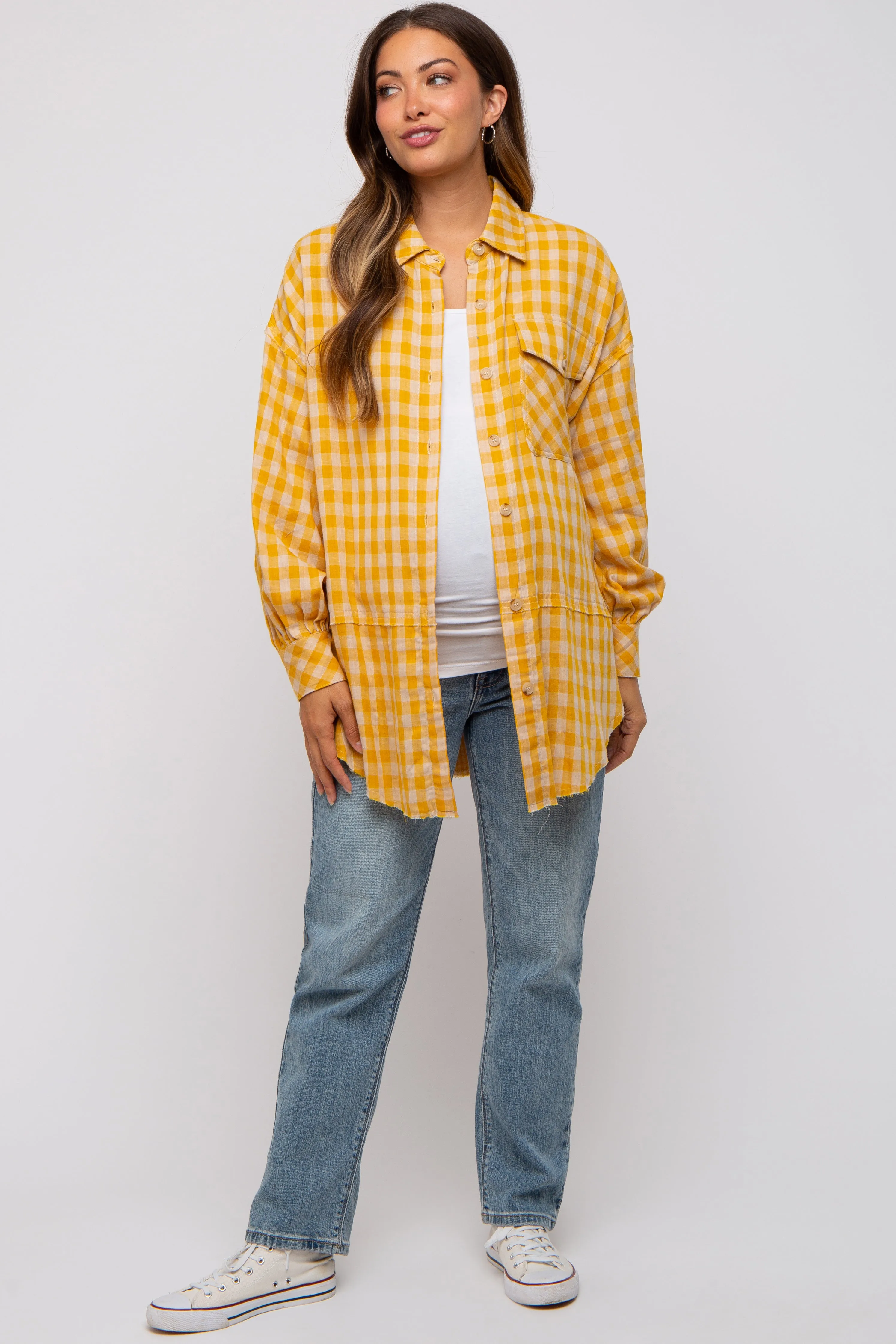 Yellow Mixed Plaid Fringe Maternity Button Down Top sold by Pinkblush product image thumbnail 4