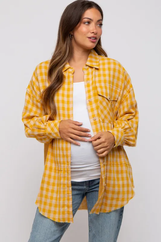 Yellow Mixed Plaid Fringe Maternity Button Down Top sold by Pinkblush