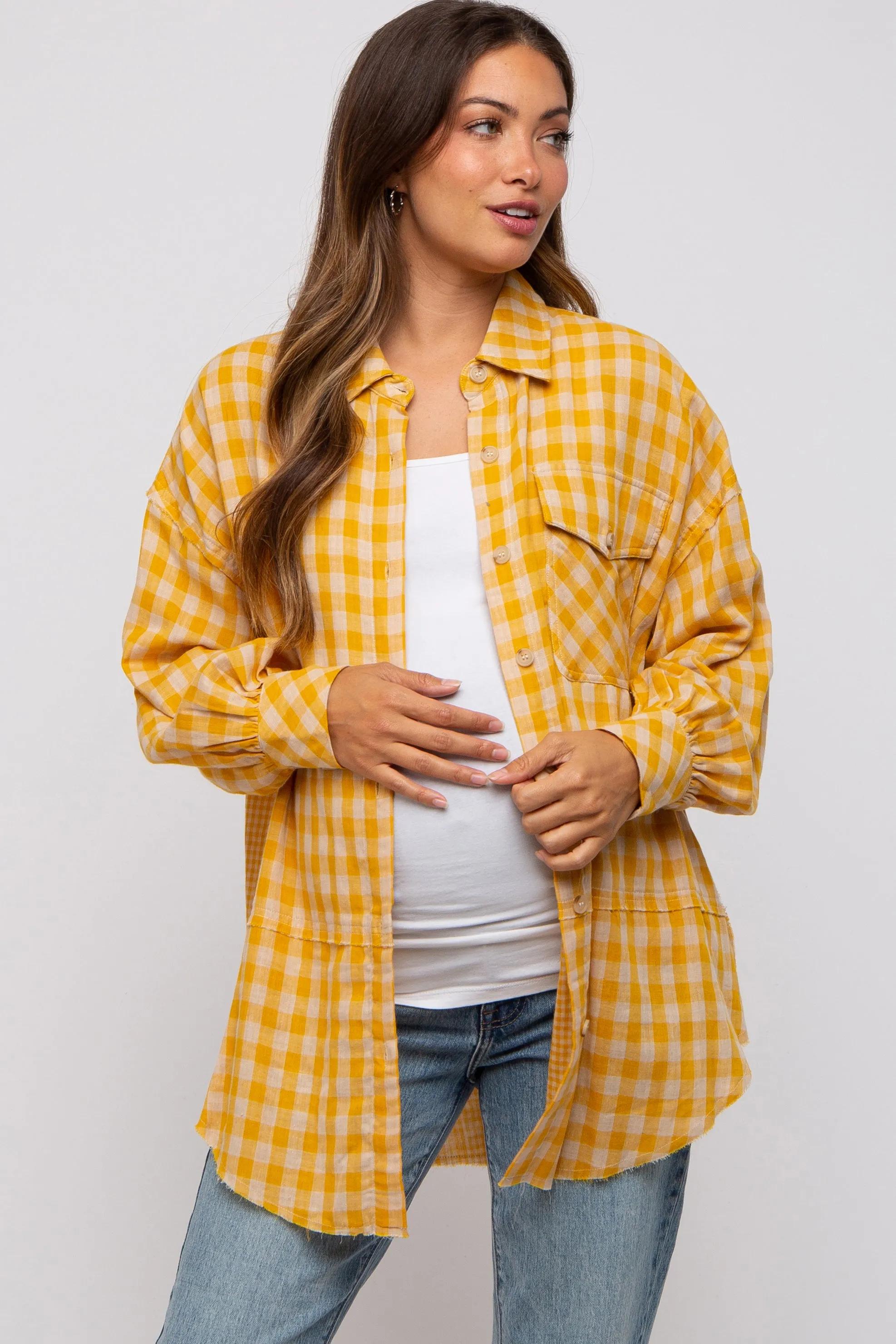 Yellow Mixed Plaid Fringe Maternity Button Down Top sold by Pinkblush