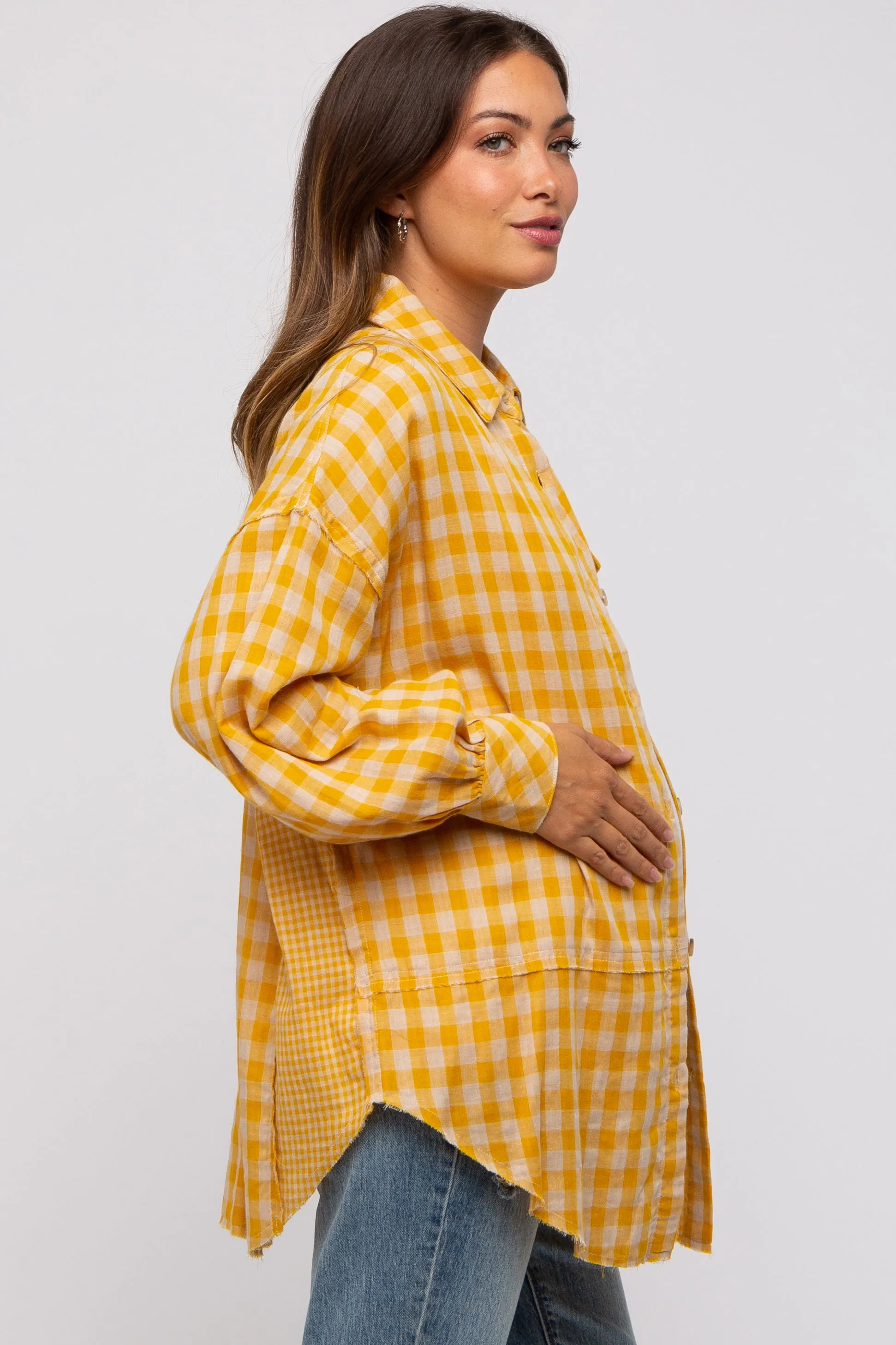 Yellow Mixed Plaid Fringe Maternity Button Down Top sold by Pinkblush product image thumbnail 2