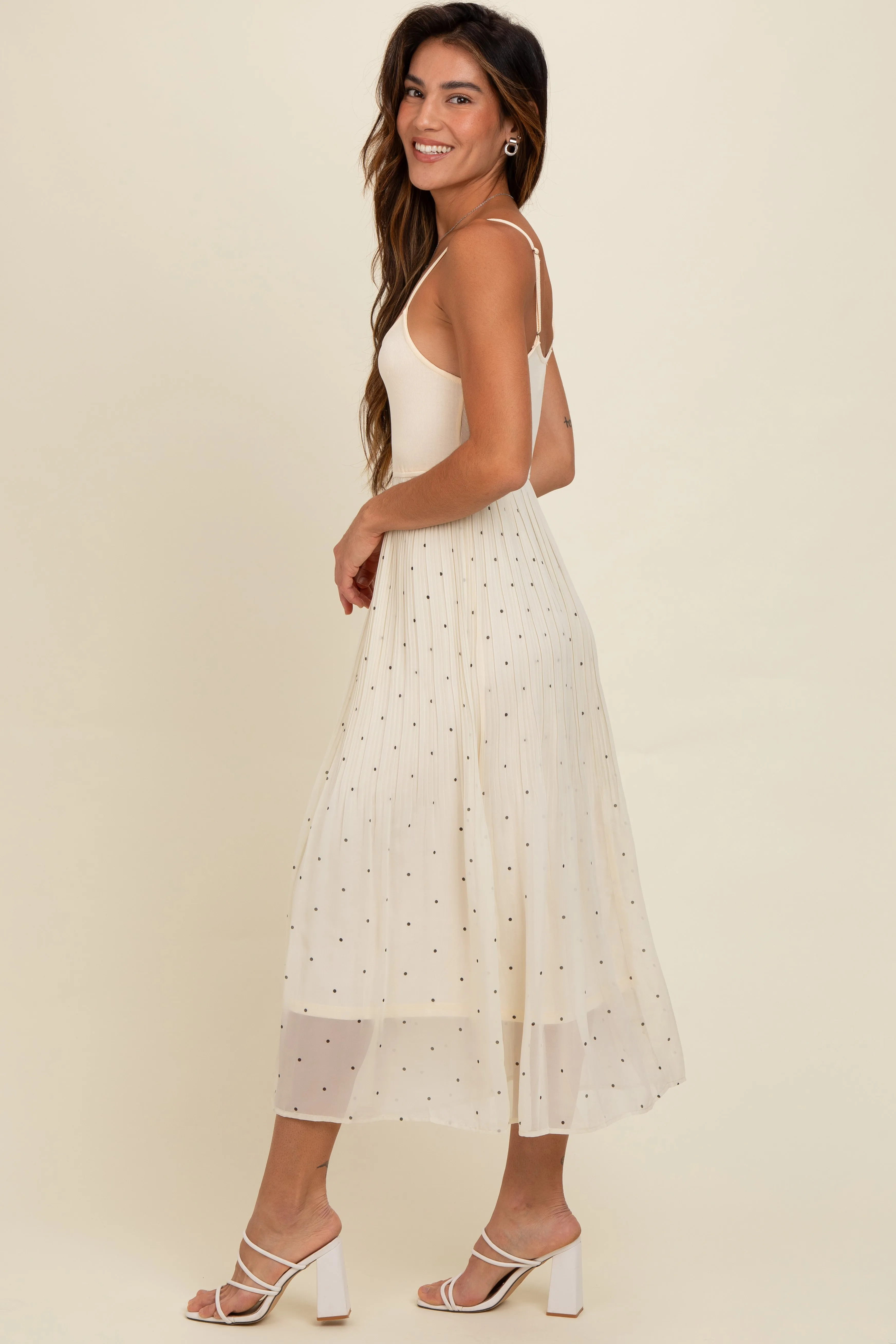 Cream Polka Dot Pleated Mesh Overlay Maxi Dress sold by Pinkblush product image thumbnail 3