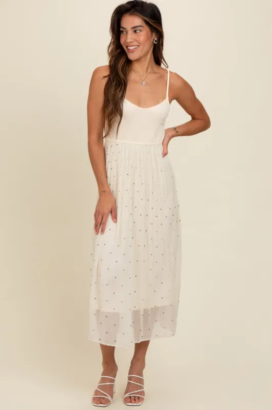 Cream Polka Dot Pleated Mesh Overlay Maxi Dress sold by Pinkblush