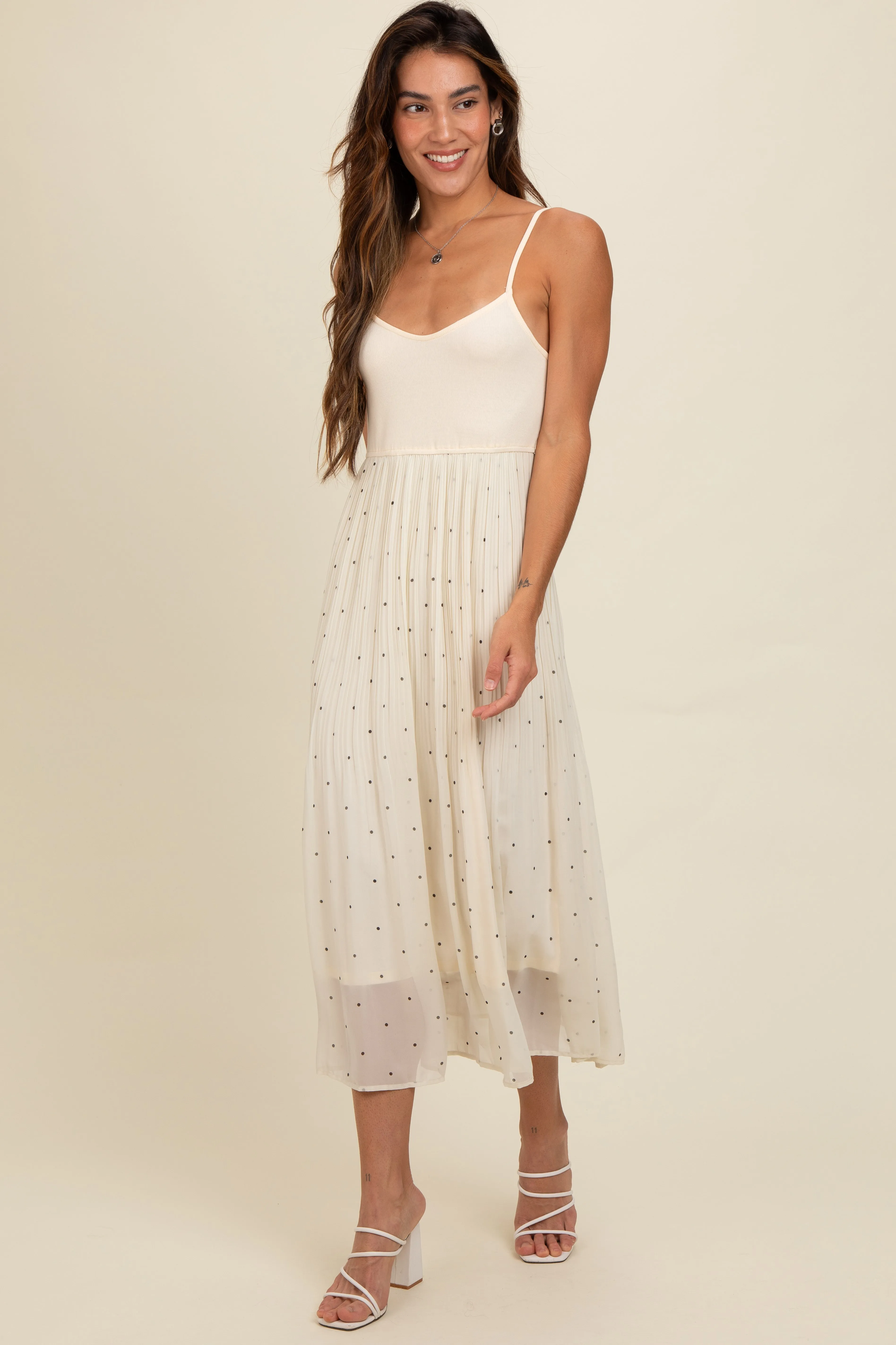 Cream Polka Dot Pleated Mesh Overlay Maxi Dress sold by Pinkblush product image thumbnail 2