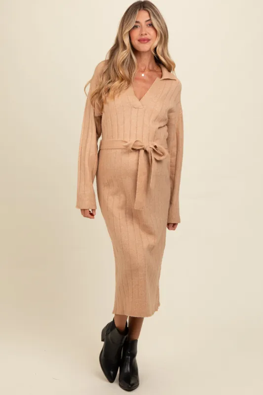 Beige Ribbed Sweater Collared Maternity Midi Dress sold by Pinkblush