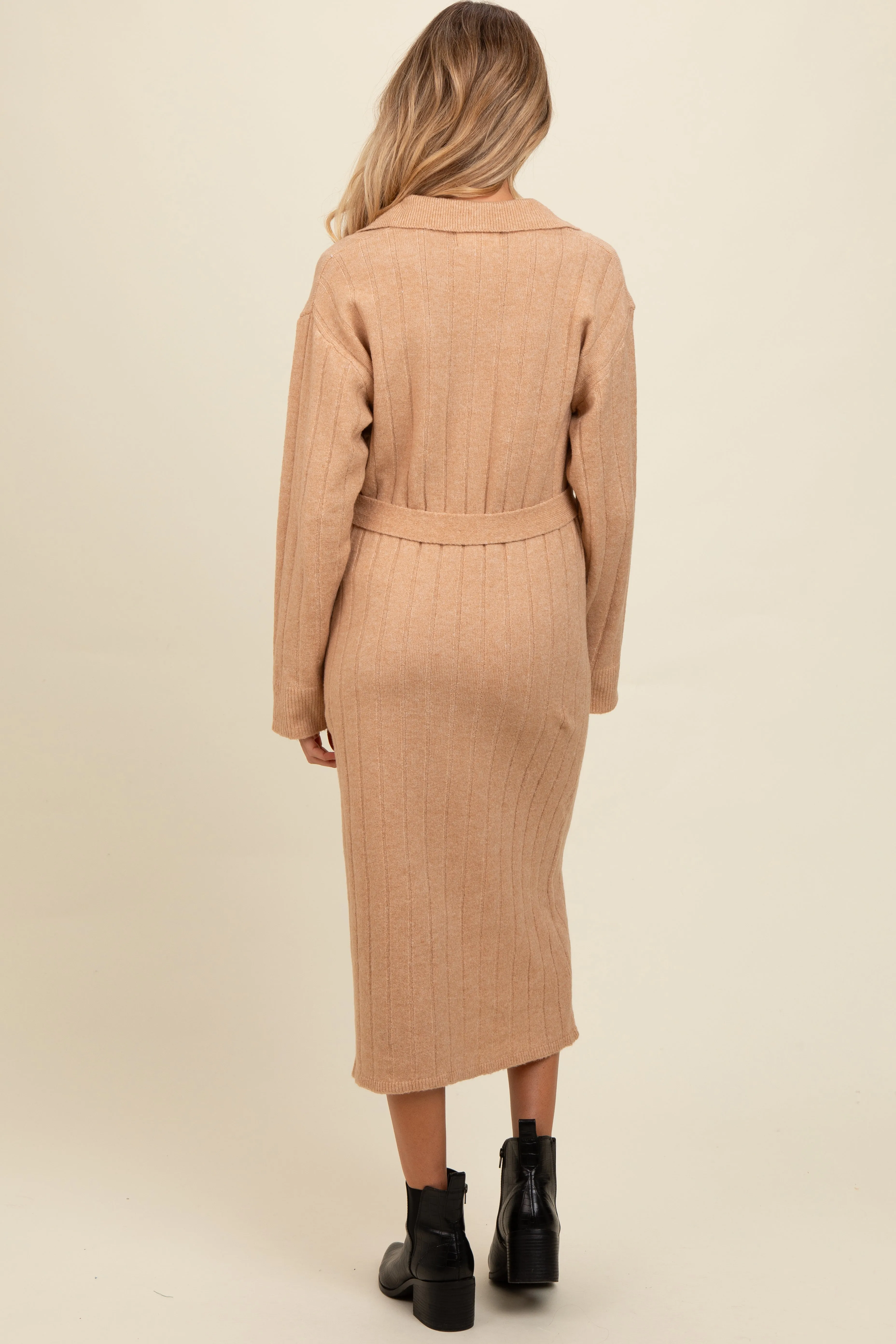 Beige Ribbed Sweater Collared Maternity Midi Dress sold by Pinkblush product image thumbnail 2
