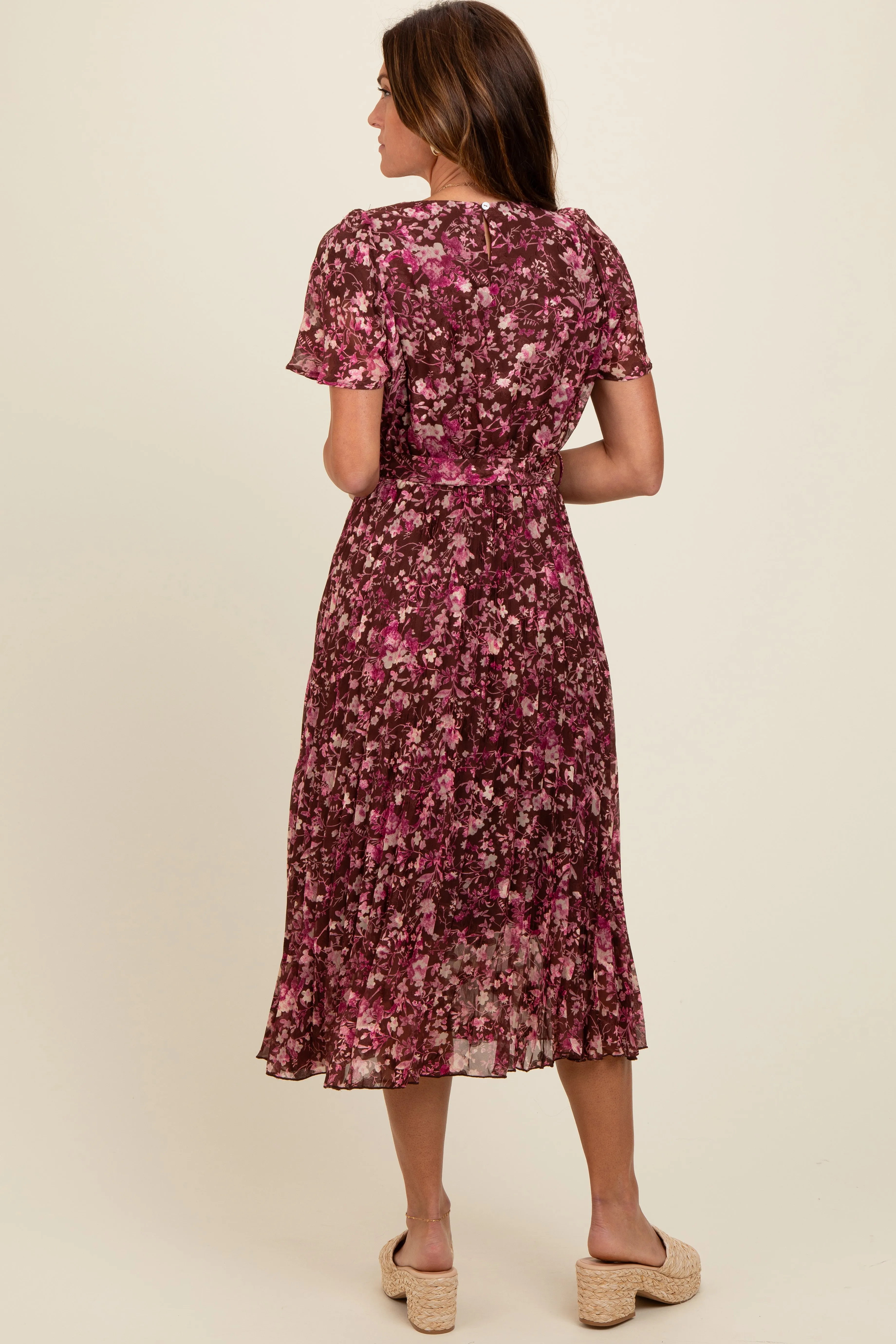 Brown Floral Pleated Midi Dress sold by Pinkblush product image thumbnail 4