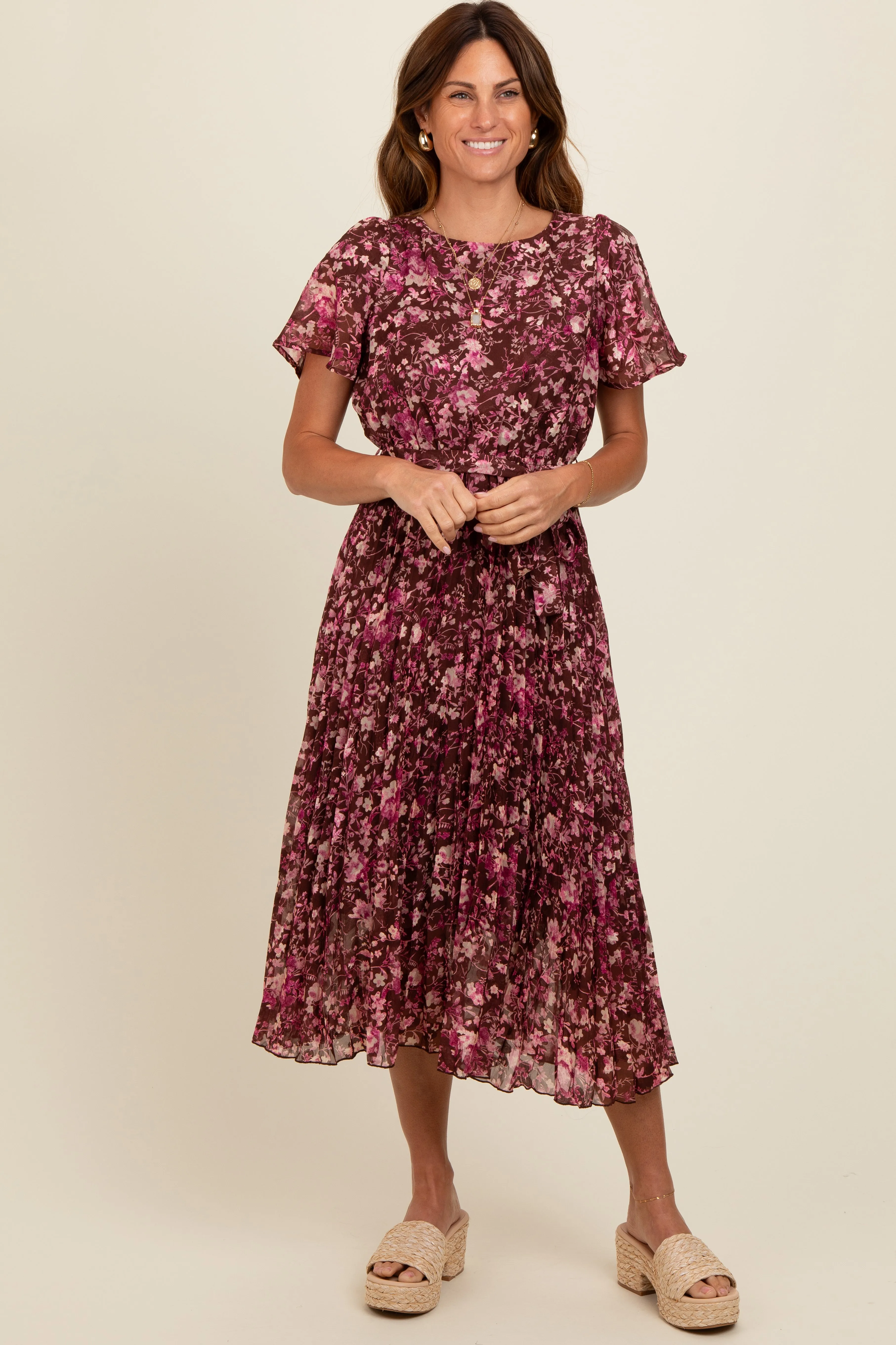Brown Floral Pleated Midi Dress sold by Pinkblush