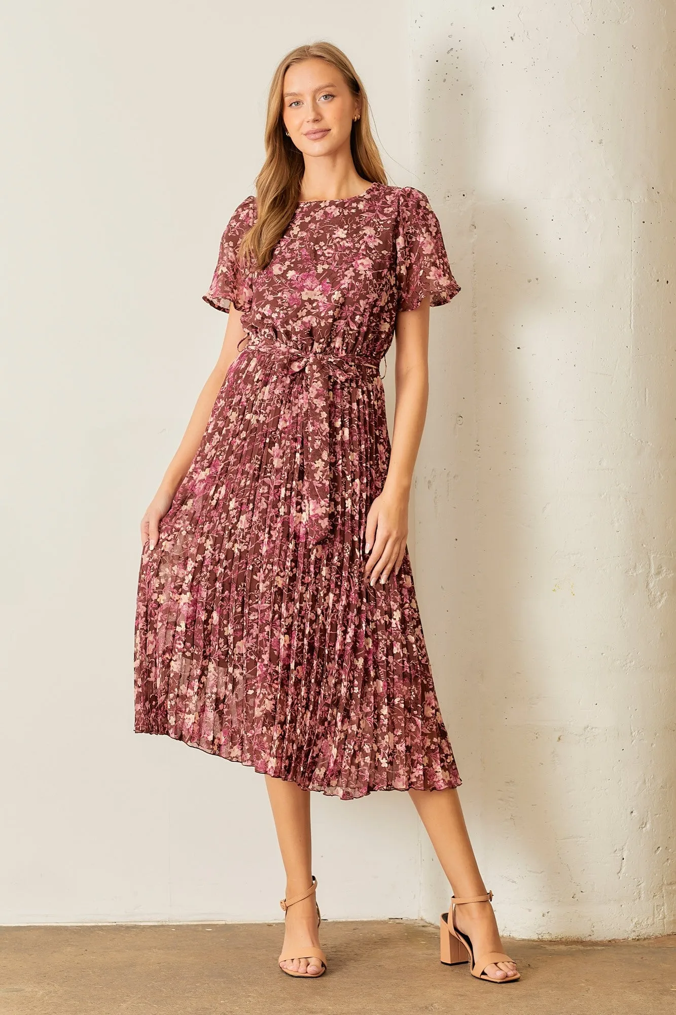 Brown Floral Pleated Midi Dress sold by Pinkblush product image thumbnail 5