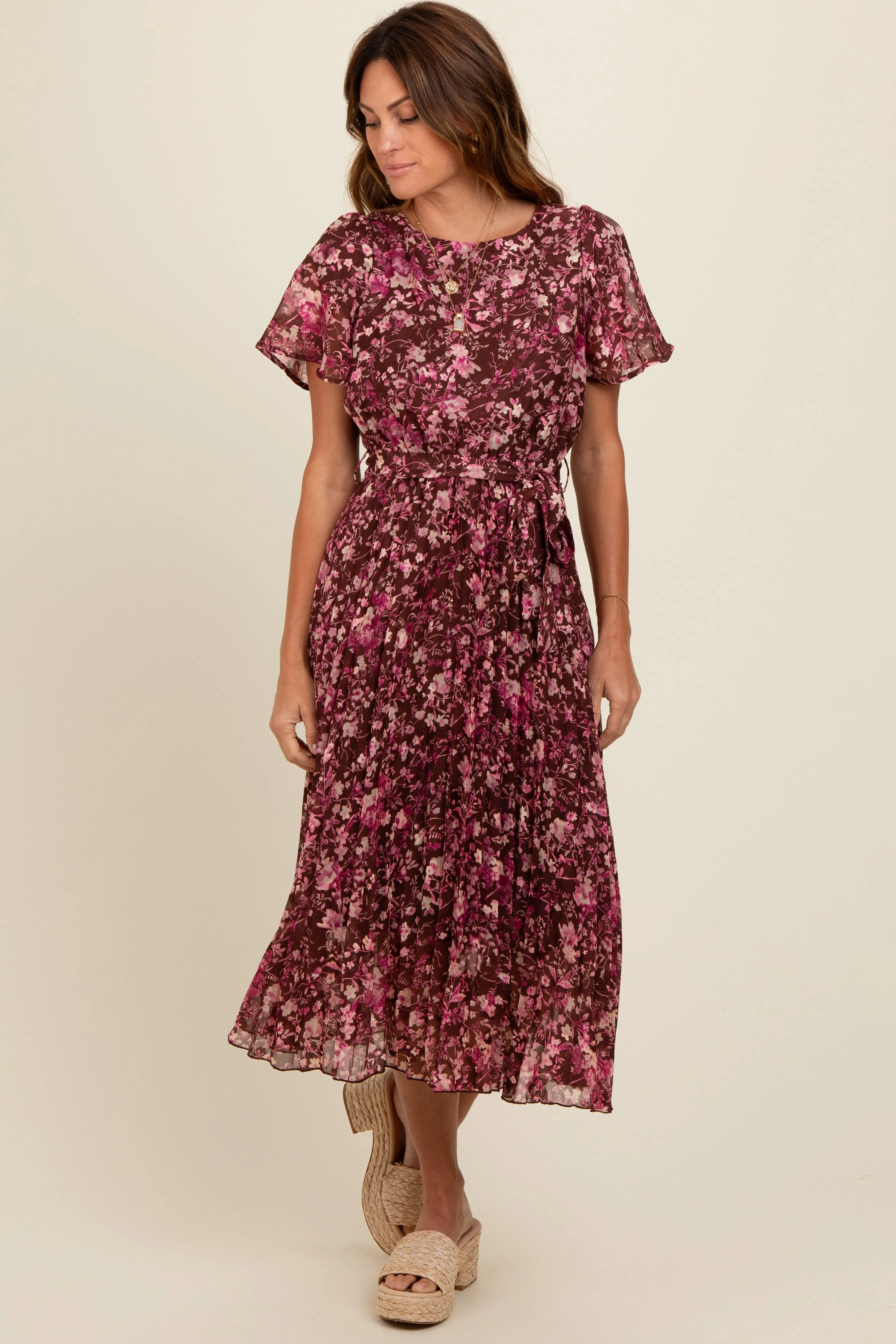 Brown Floral Pleated Midi Dress sold by Pinkblush product image thumbnail 2