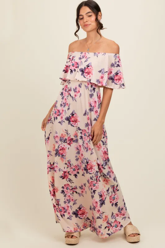 Ivory Floral Off Shoulder Maxi Dress sold by Pinkblush