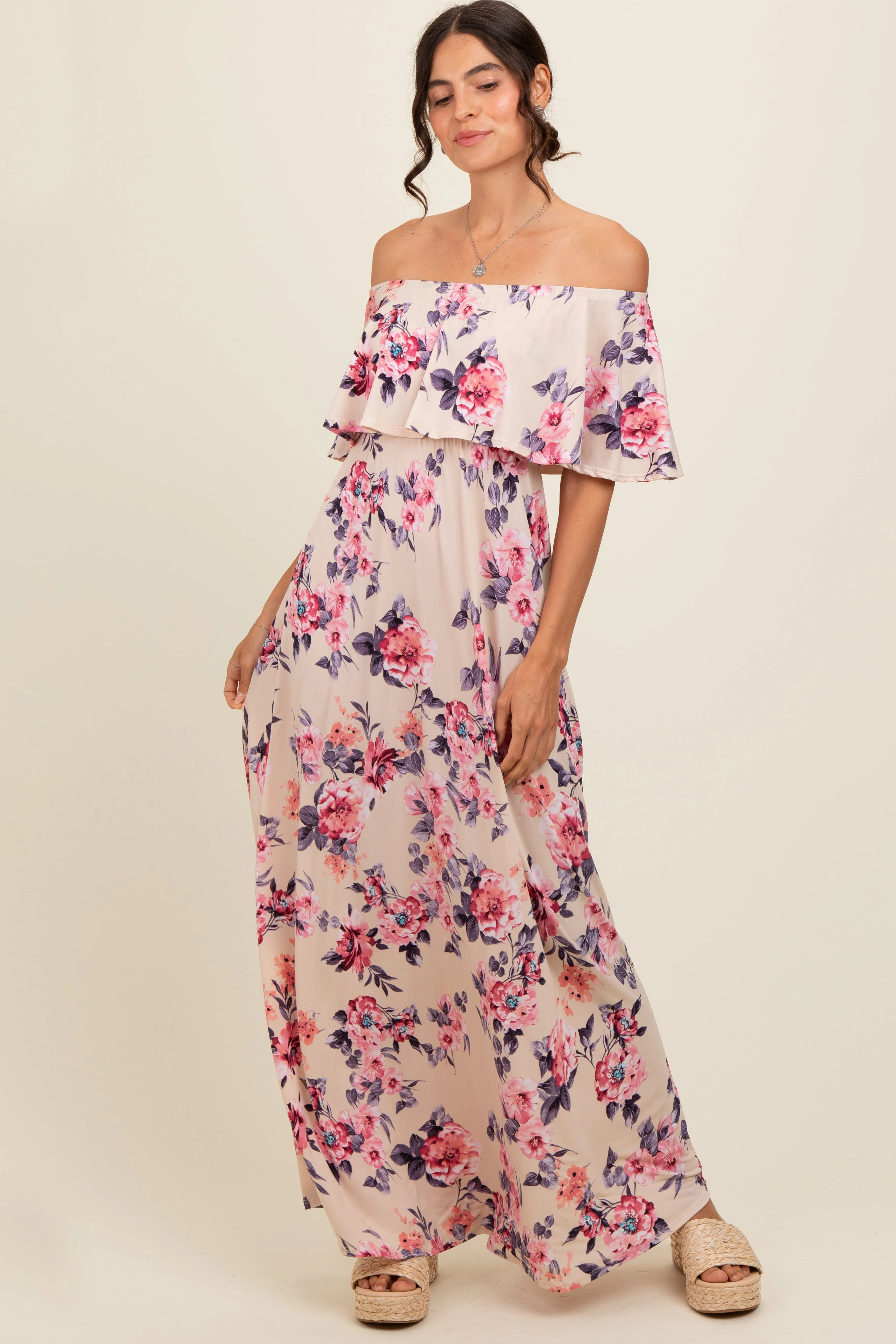 Ivory Floral Off Shoulder Maxi Dress sold by Pinkblush