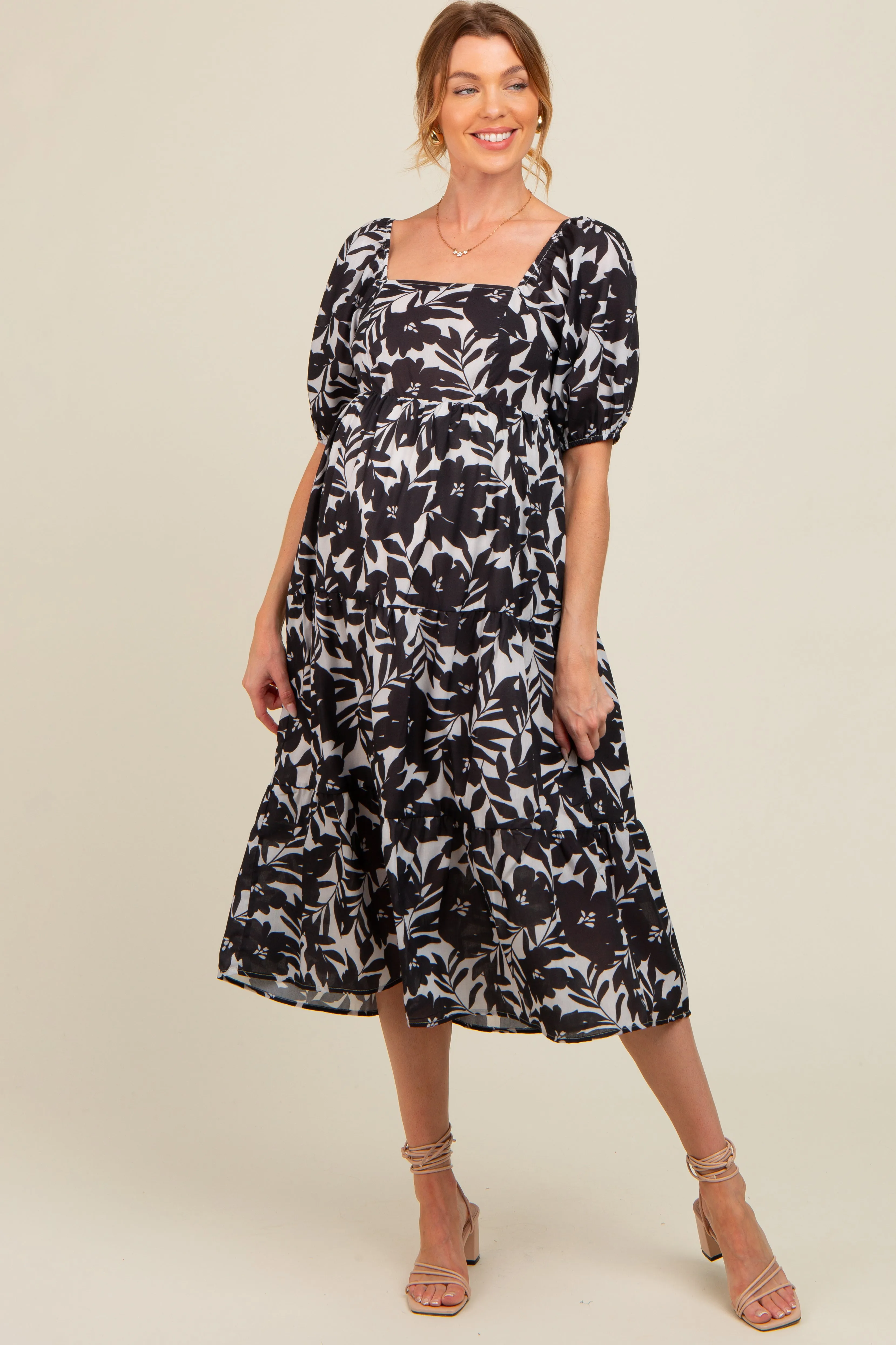 Black Printed Maternity Midi Dress sold by Pinkblush