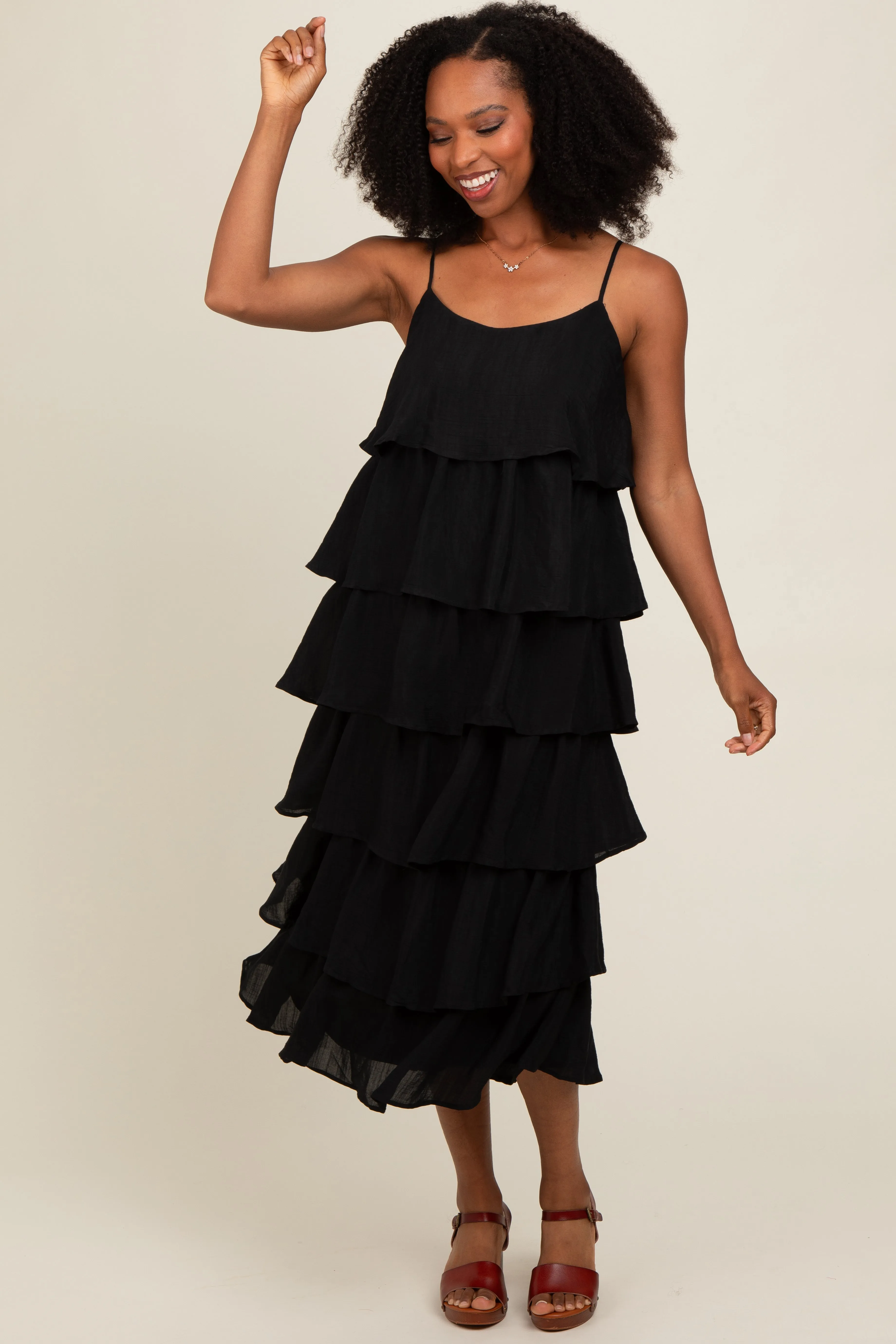 Black Tiered Midi Dress sold by Pinkblush