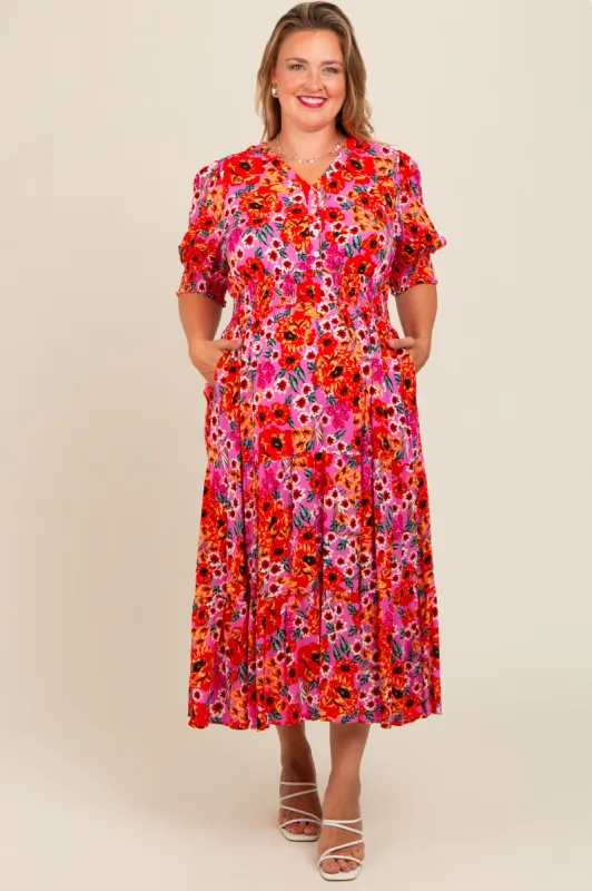 Fuchsia Floral  Button Front Smocked Waist Ruffle Maternity Plus Maxi Dress sold by Pinkblush