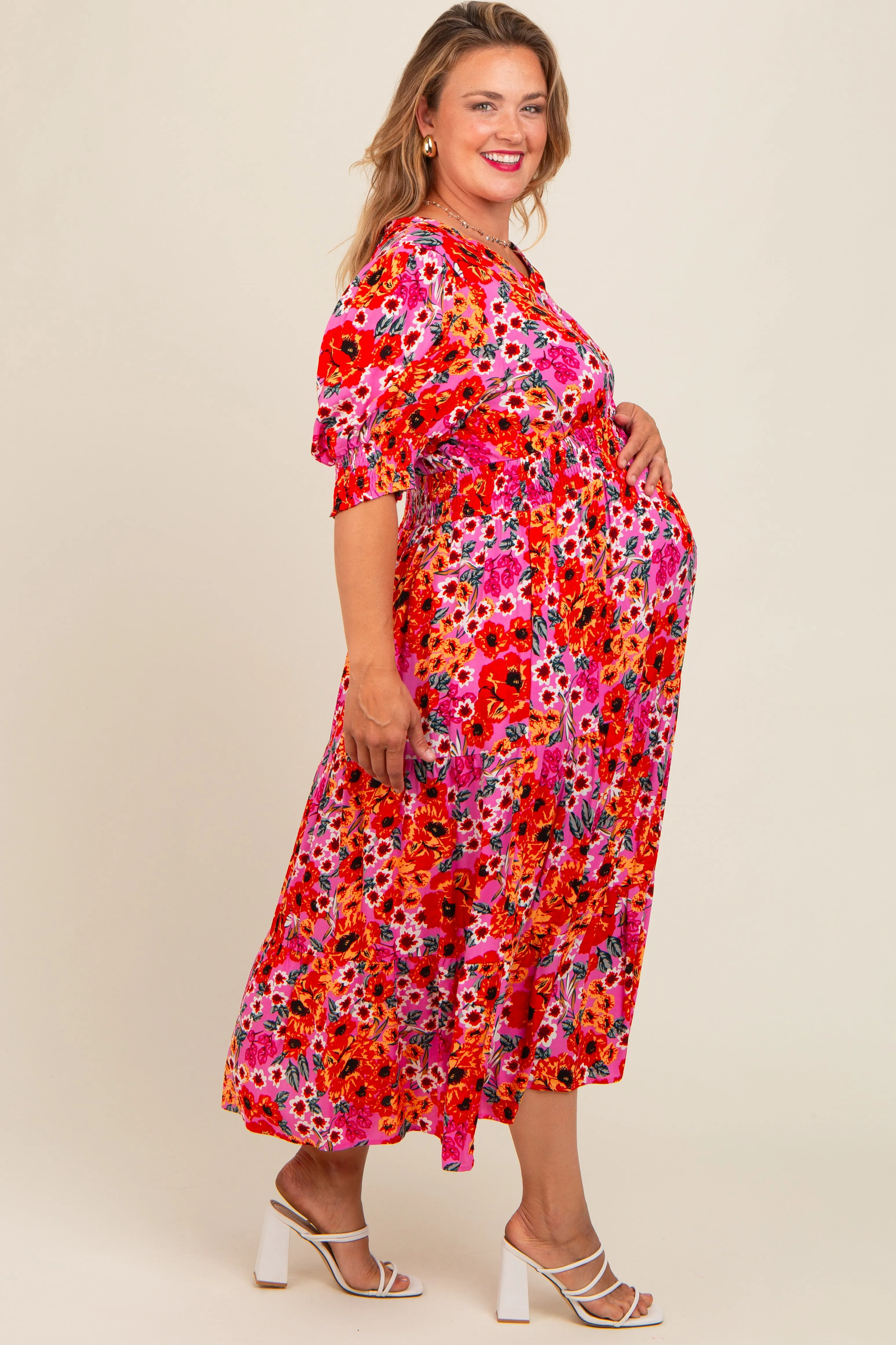 Fuchsia Floral Button Front Smocked Waist Ruffle Maternity Plus Maxi Dress sold by Pinkblush product image thumbnail 2