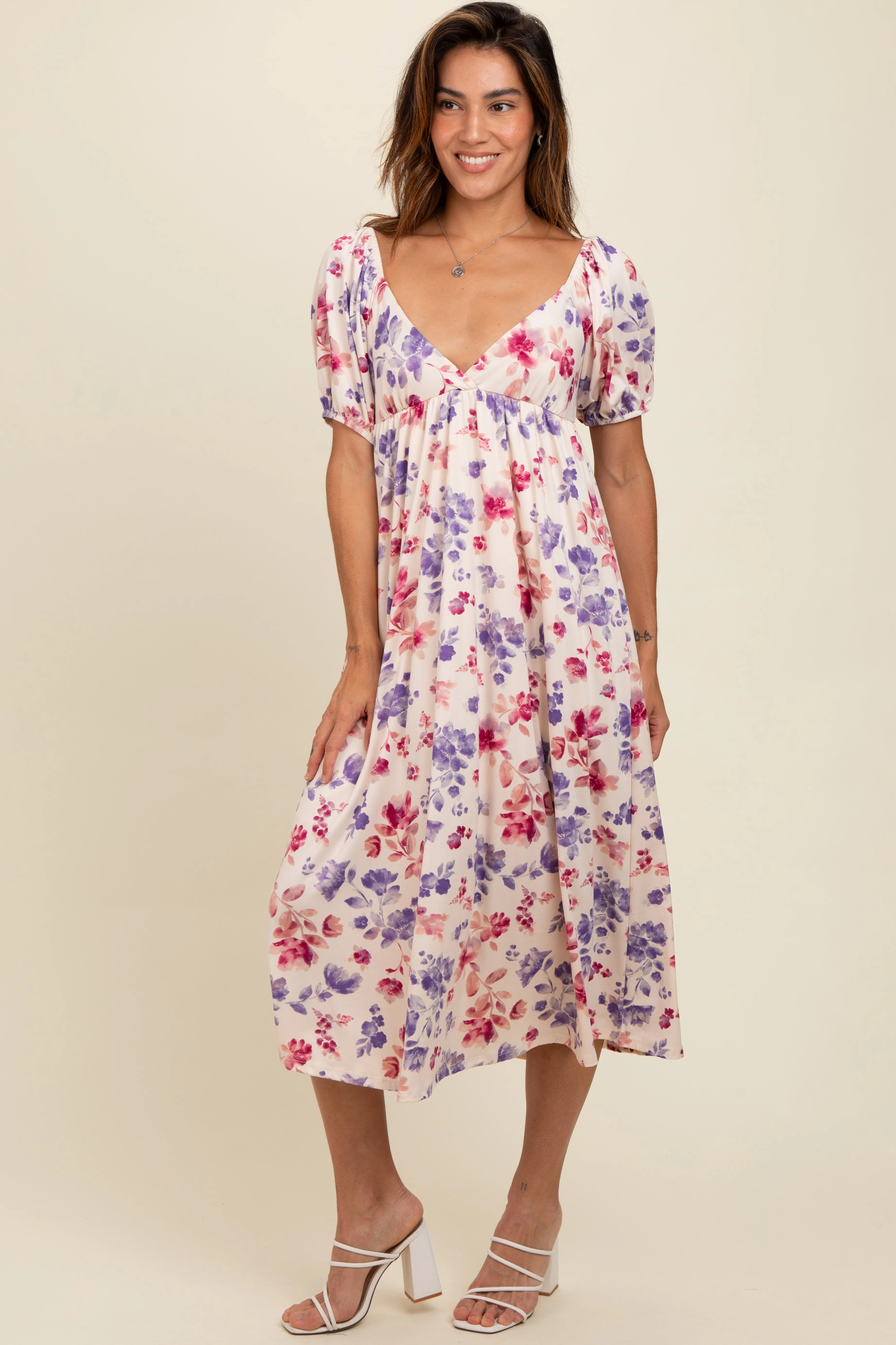 Ivory Floral V-Neck Midi Dress sold by Pinkblush