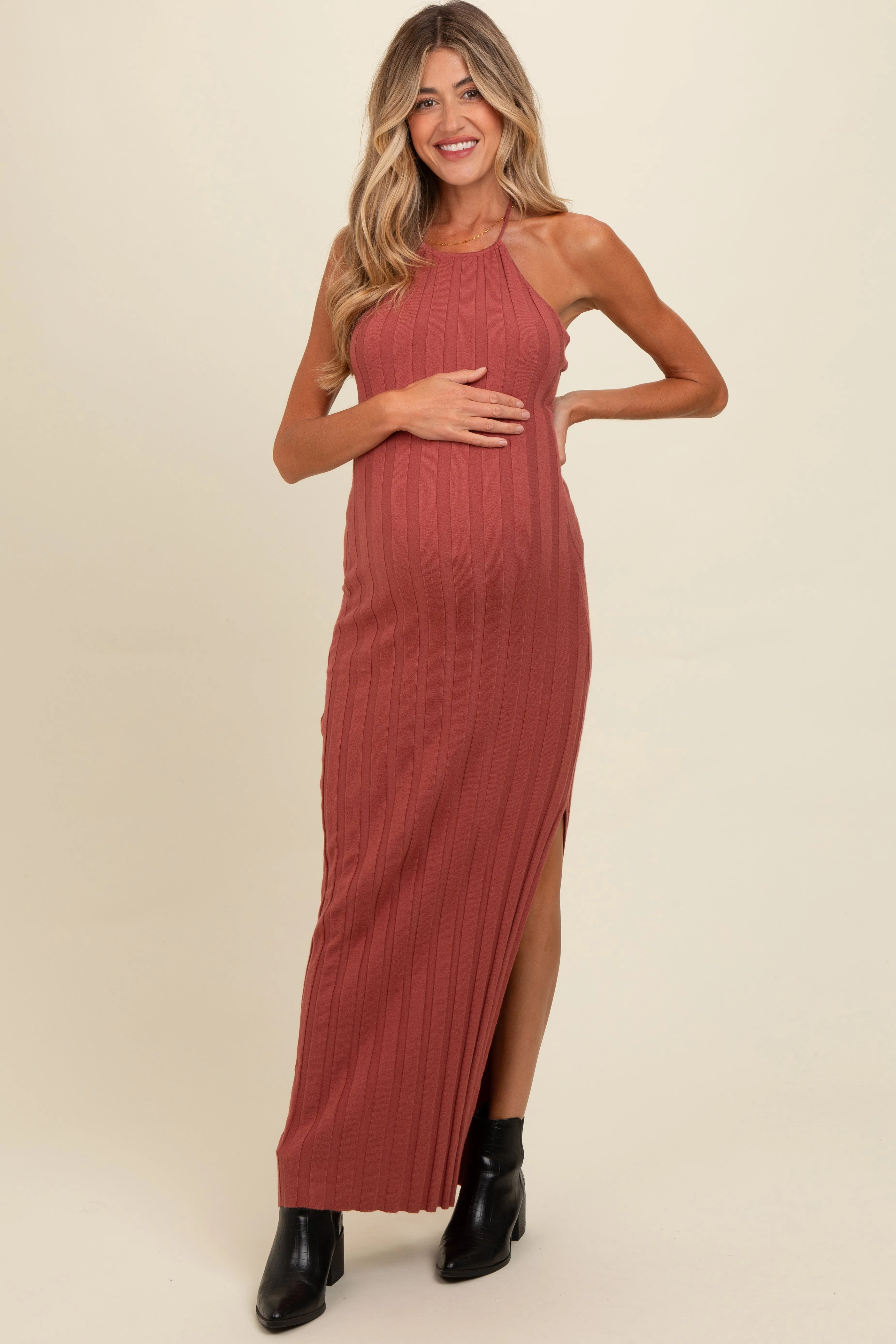 Rust Ribbed Knit Halter Neck Maternity Maxi Dress sold by Pinkblush product image thumbnail 3
