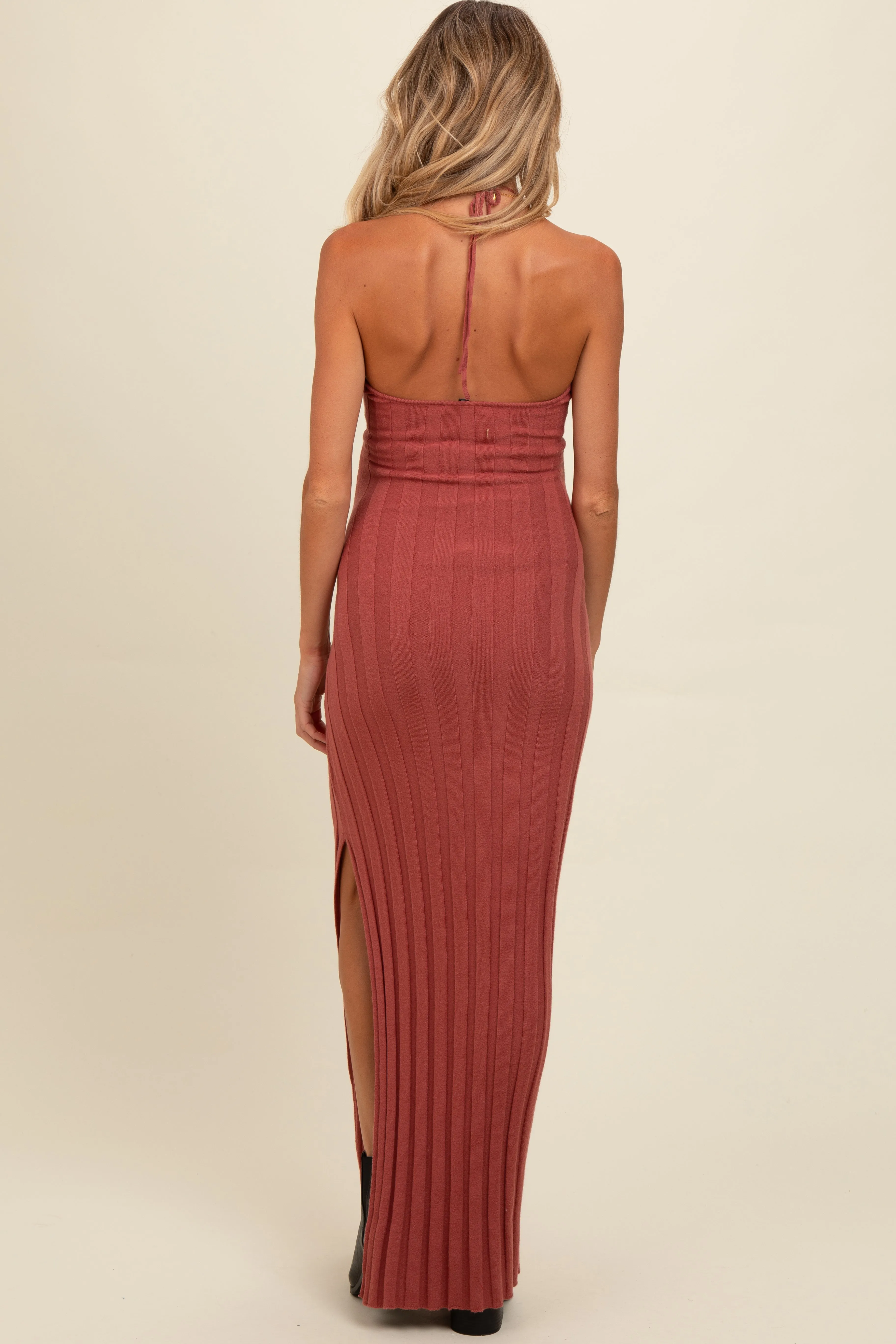 Rust Ribbed Knit Halter Neck Maternity Maxi Dress sold by Pinkblush product image thumbnail 4
