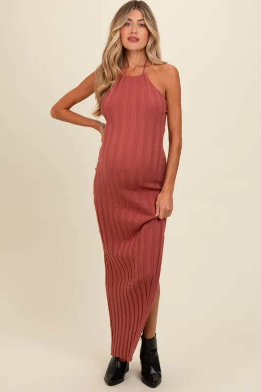 Rust Ribbed Knit Halter Neck Maternity Maxi Dress sold by Pinkblush