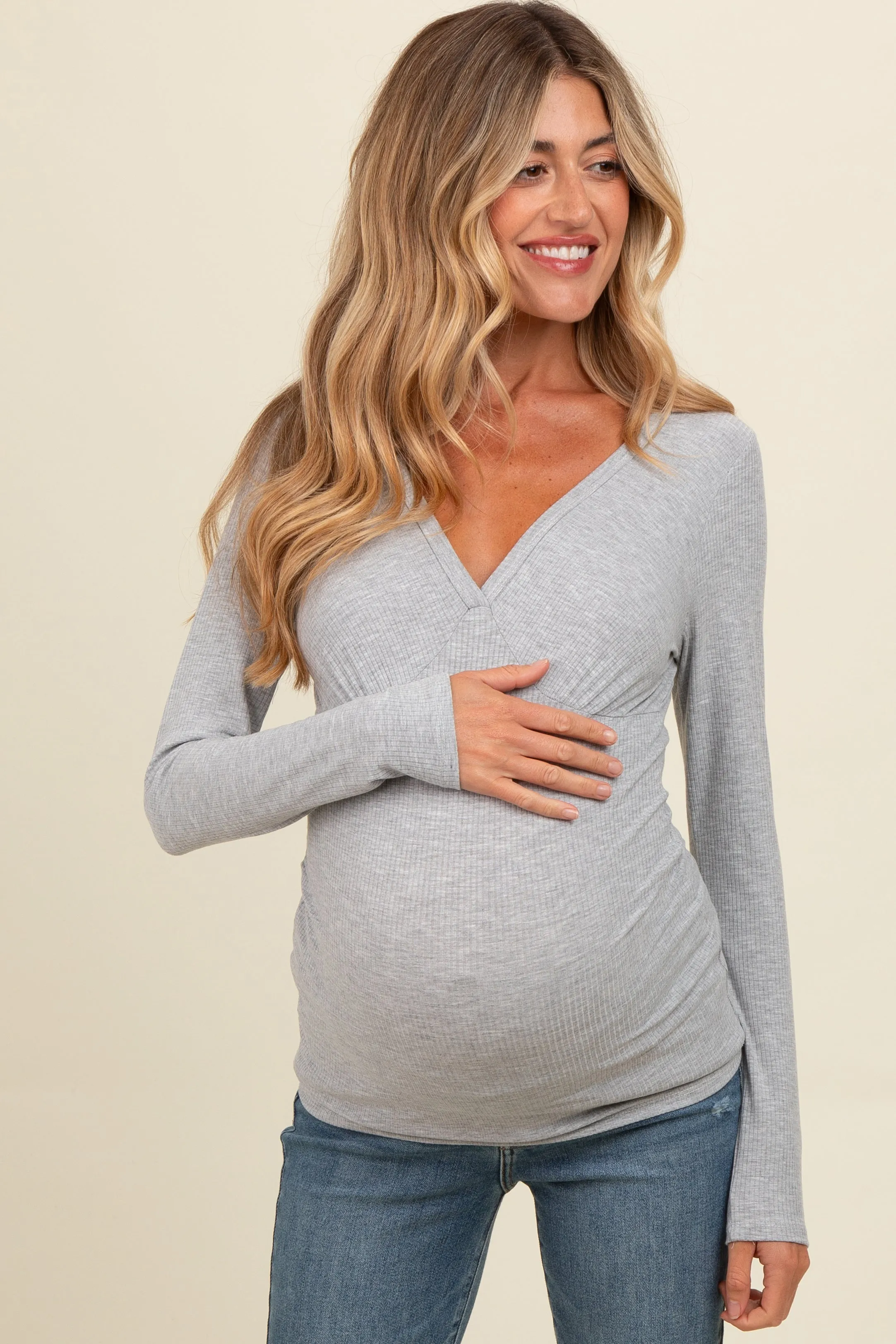 Heather Grey Ribbed V-Neck Long Sleeve Maternity Top sold by Pinkblush